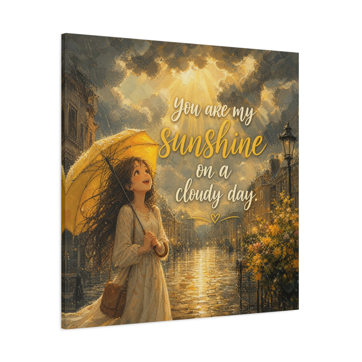 "You Are My Sunshine On A Cloudy Day" Canvas Wall Art - Girl With Yellow Umbrella Quote Print - Golden Rainy Street Painting, Inspirational Decor - Bedroom Home Decoration - Living Room Wall Decor
