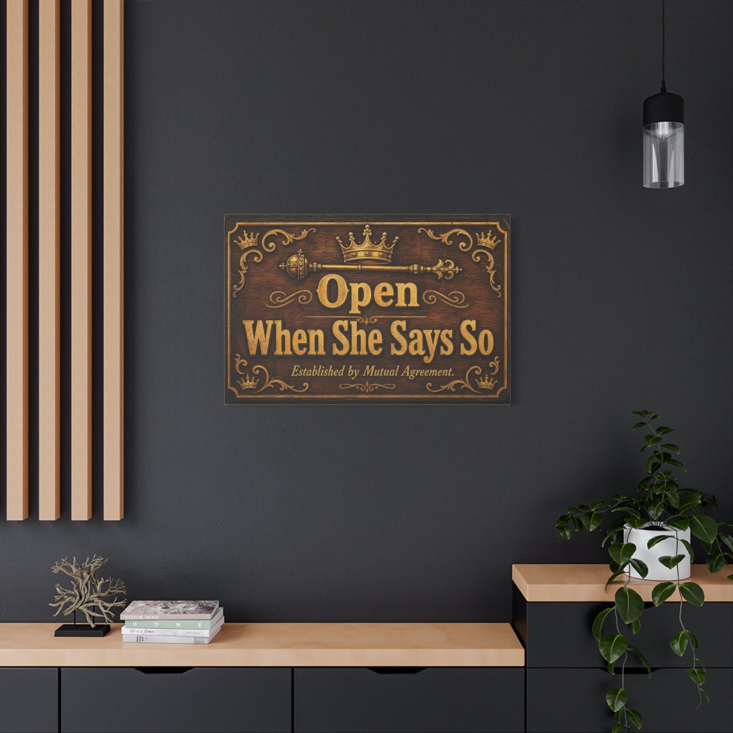 "Open When She Says So" Canvas Wall Art - Vintage Crown Scepter Typography Sign - Rustic Brown Gold Humor Decor - Man Cave Living Room Wall Decor - Bedroom Home Decoration - Bedroom Home Decoration