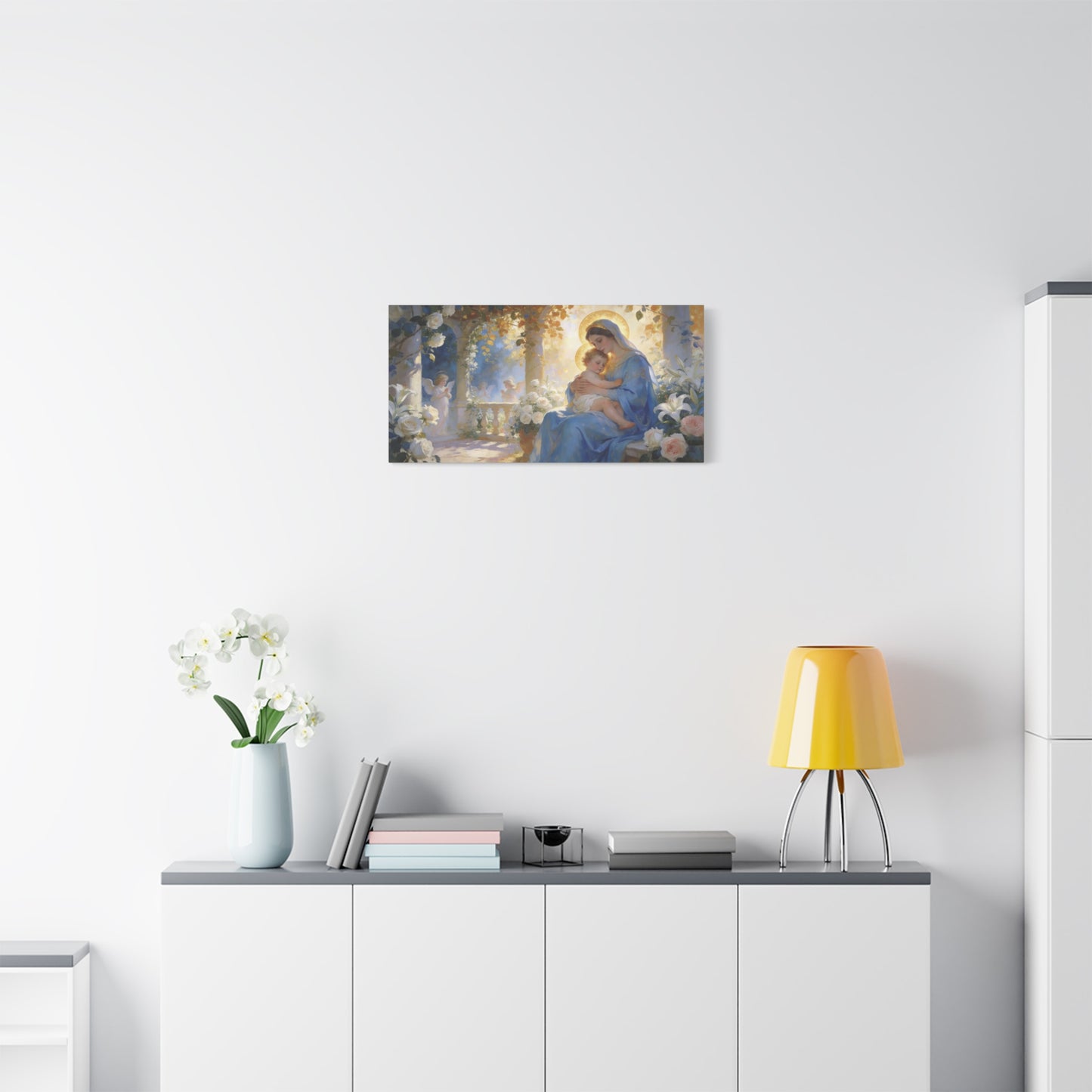 Virgin Mary And Baby Jesus Canvas Wall Art - Religious Madonna Lily Rose Painting - Traditional Blue Gold Sacred Nursery Style - Bedroom Wall Decor, Christian Home Accent - Bedroom Home Decoration
