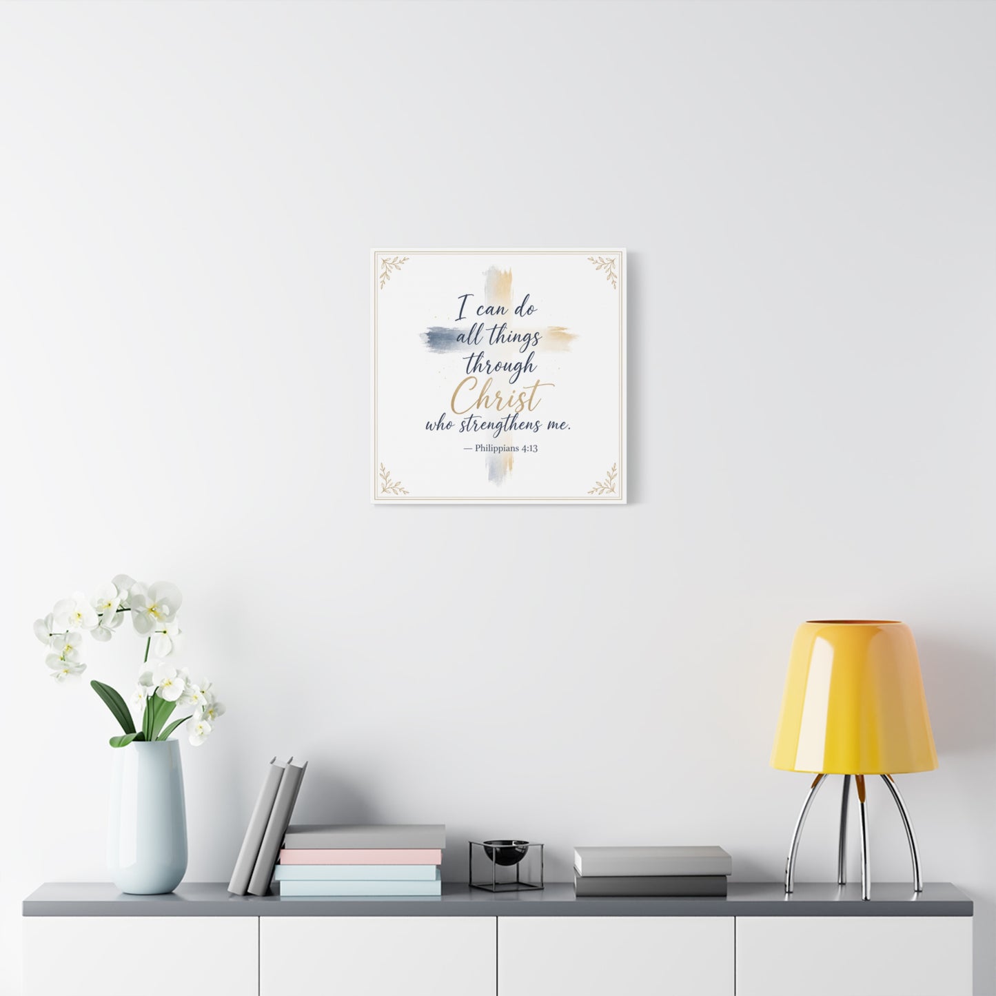 "I Can Do All Things Through Christ Who Strengthens Me. - Philippians 4:13" Christian Canvas Wall Art - Blue And Gold Scripture Quote Print - Traditional Typography - Bedroom Decor - Office Wall Art