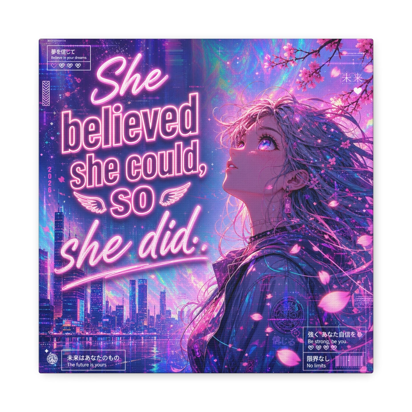 "She Believed She Could, So She Did" Anime Girl Canvas Wall Art - Neon Sakura Cityscape, Inspirational Typography Print - Contemporary Bedroom Wall Decor, Teenager Room Decor - Bedroom Home Decoration