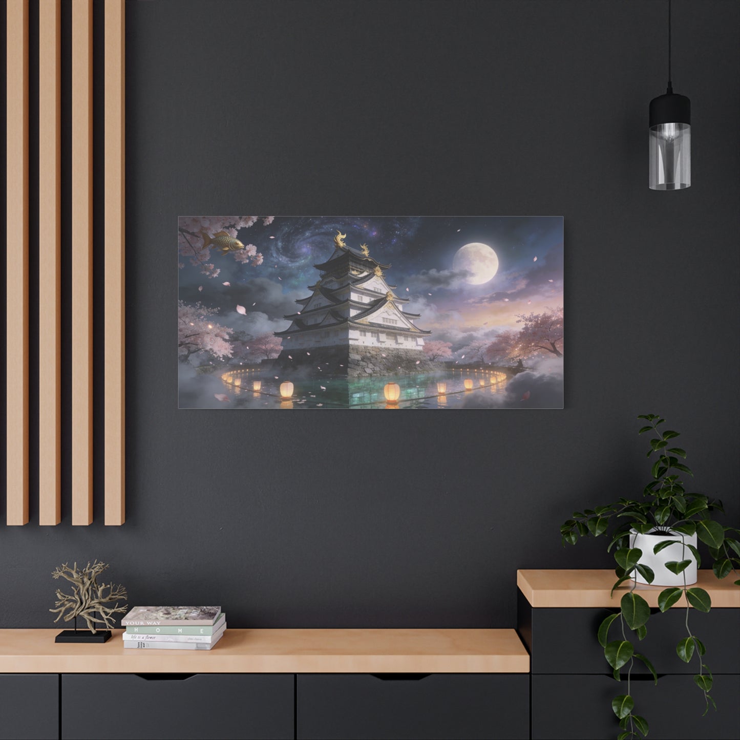 Japanese Castle Canvas Wall Art - Moonlit Cherry Blossom Pagoda, Floating Koi, Fantasy Night Sky - Matte Cotton Art Print - Contemporary Landscape Style For Living Room Wall Decor - Ready to Hang
