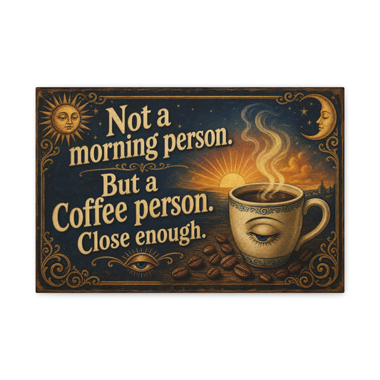 "Not A Morning Person. But A Coffee Person. Close Enough." Canvas Wall Art - Vintage Celestial Coffee Quote Decor, Matte Print - Bohemian Wall Hanging - Ready to Hang - Bistro Decor - HP Latex Print