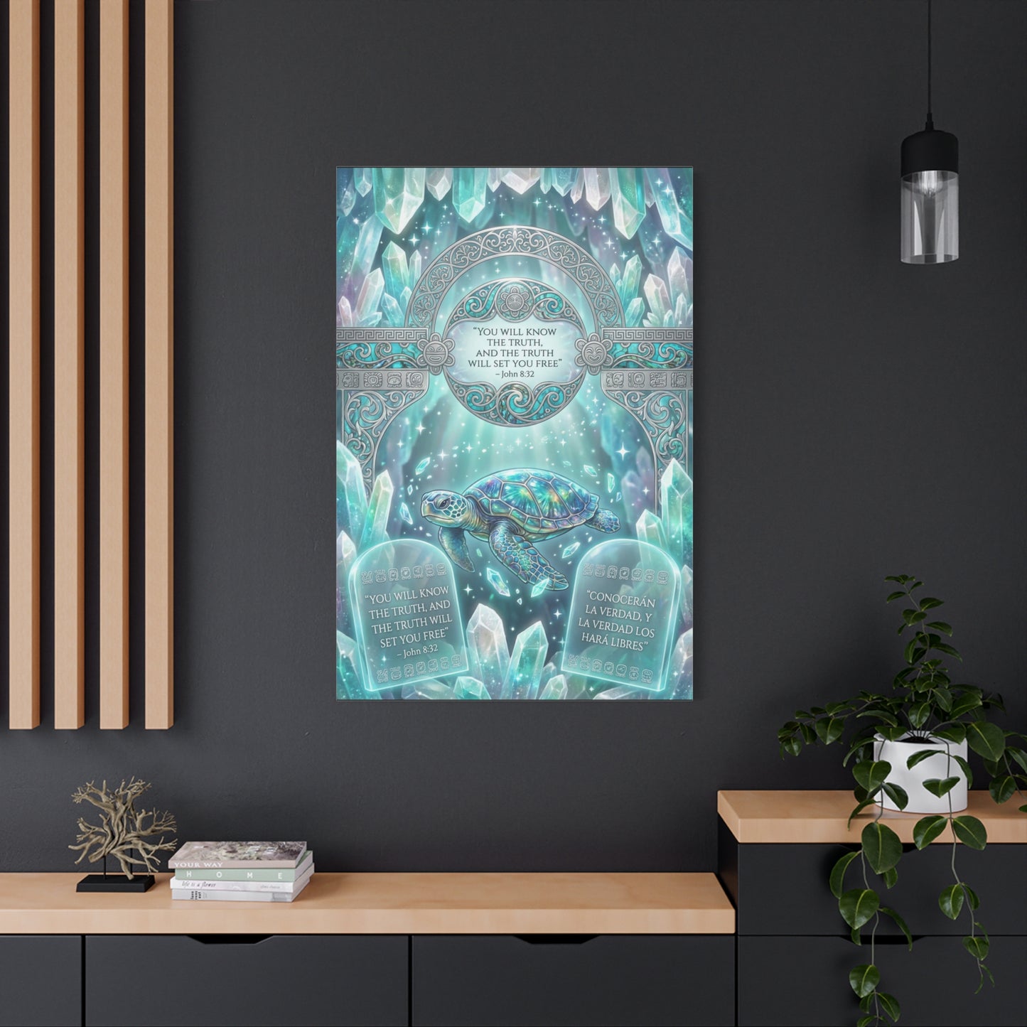 "You Will Know The Truth, And The Truth Will Set You Free" Sea Turtle Canvas Wall Art - John 8:32 Scripture Decor, Crystal Ocean Fantasy Style, Bedroom Wall Hanging, Meditation Space - Ready to Hang