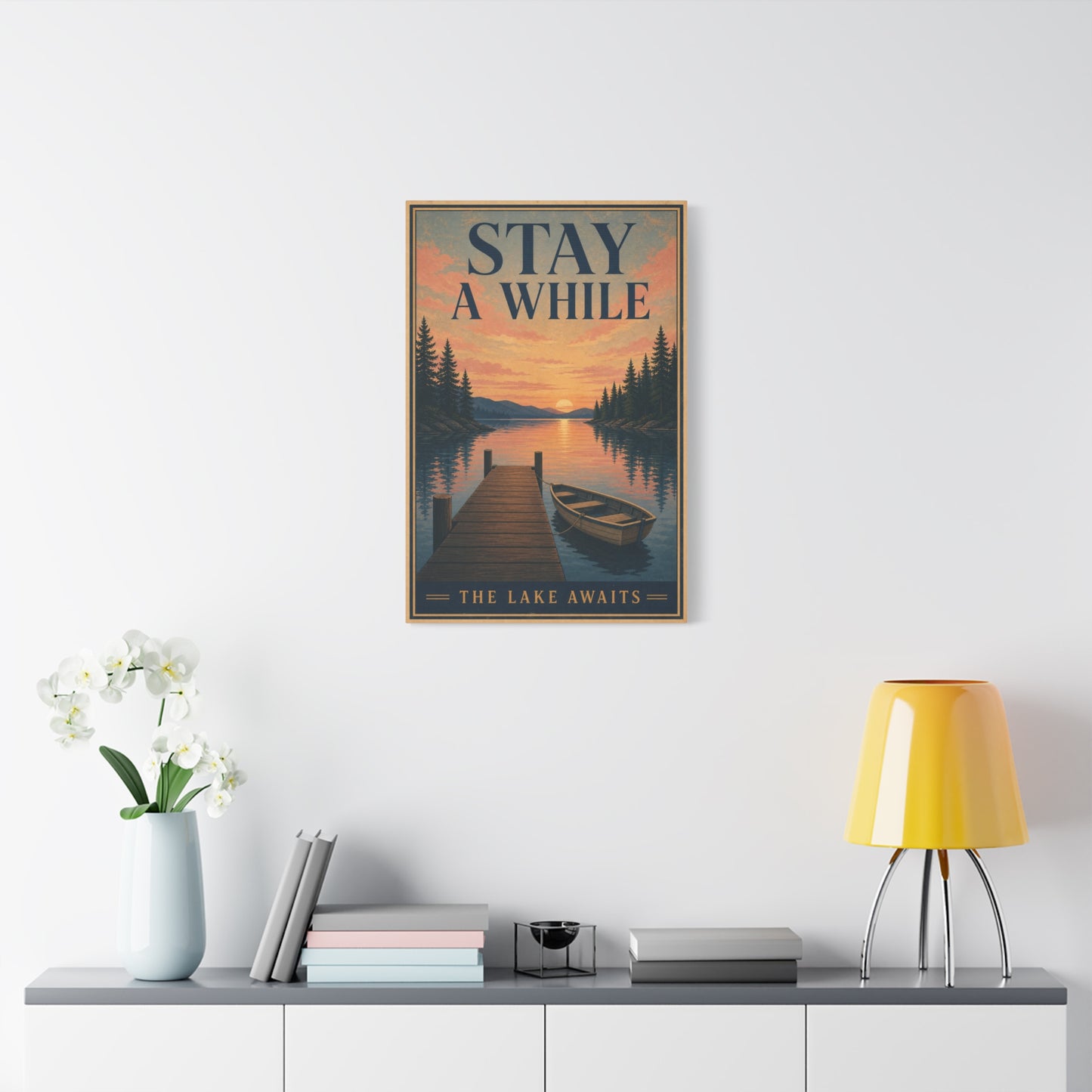"Stay A While The Lake Awaits" Lake Sunset Canvas Wall Art - Vintage Dock And Rowboat Landscape Print, Rustic Cabin Decor, Bedroom Home Decoration, Entryway Accent - Office Wall Art - Ready to Hang