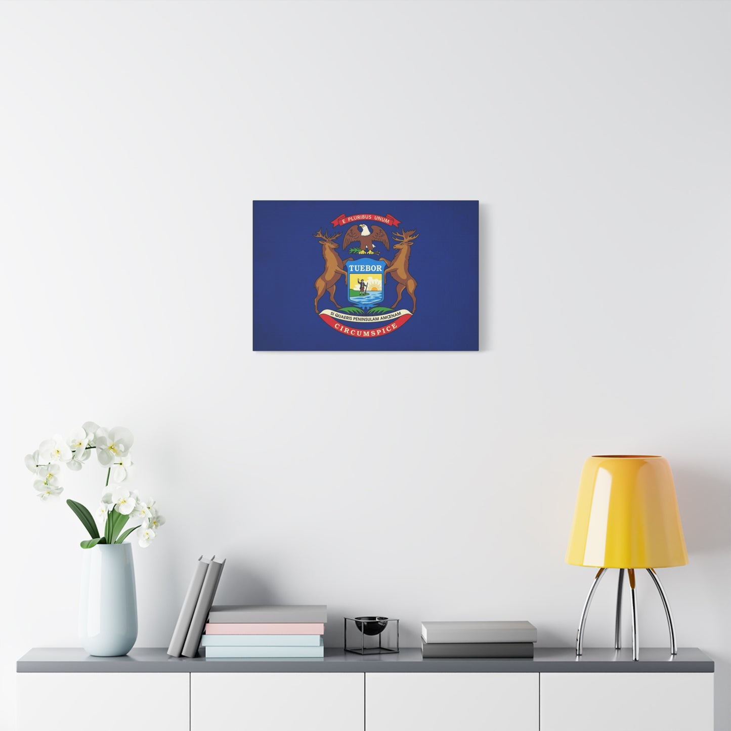"E Pluribus Unum" Michigan State Flag Canvas Wall Art - Blue Crest With Elk Eagle And "Tuebor" - Vintage Heraldic Decor, Living Room Wall Decor, Office Art - Bedroom Home Decoration - Ready to Hang