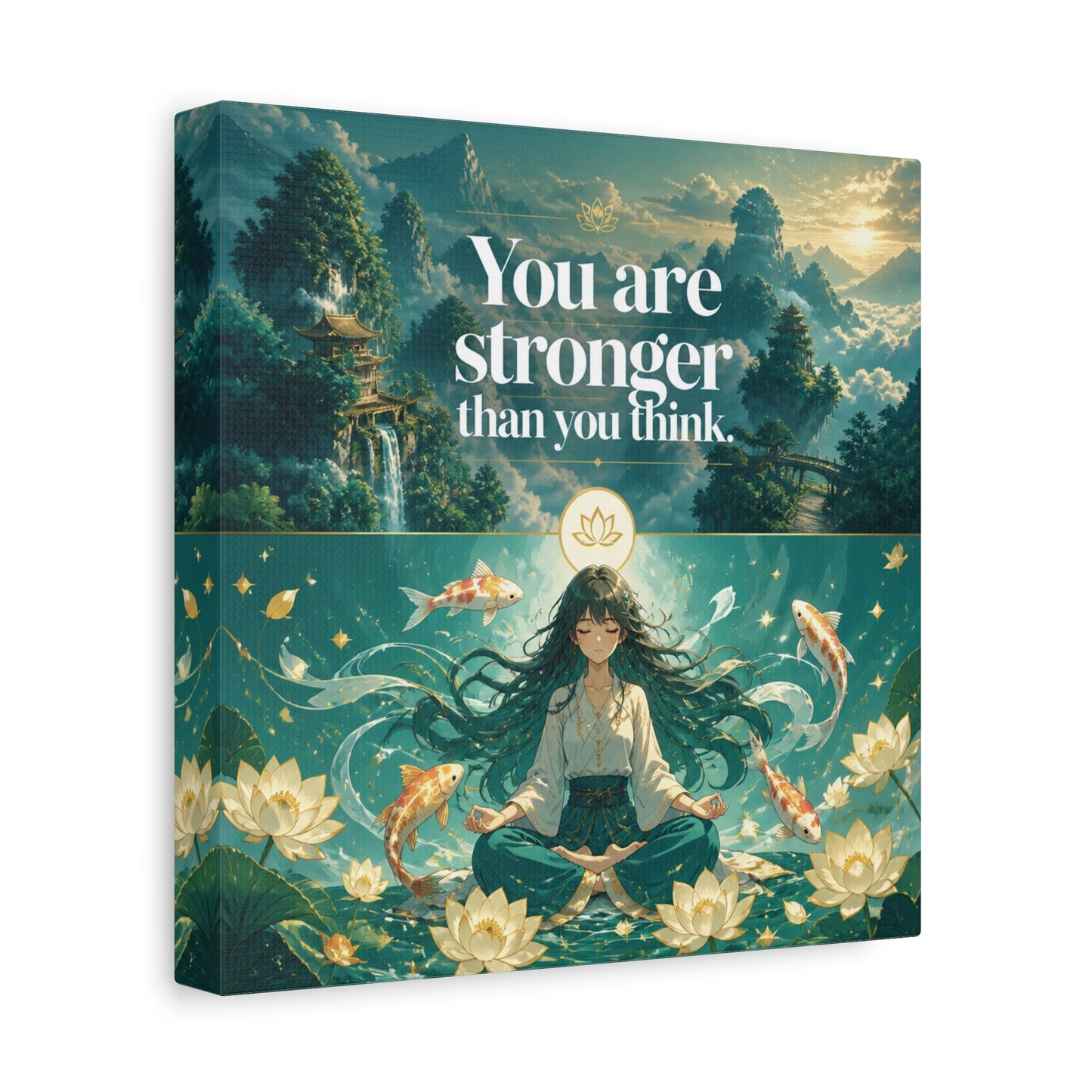 "You Are Stronger Than You Think." Inspirational Canvas Wall Art - Meditating Girl, Koi Fish, Lotus Lake - Zen Fantasy Landscape - Bedroom Wall Decor, Meditation Space, Jellyfish Room Decor