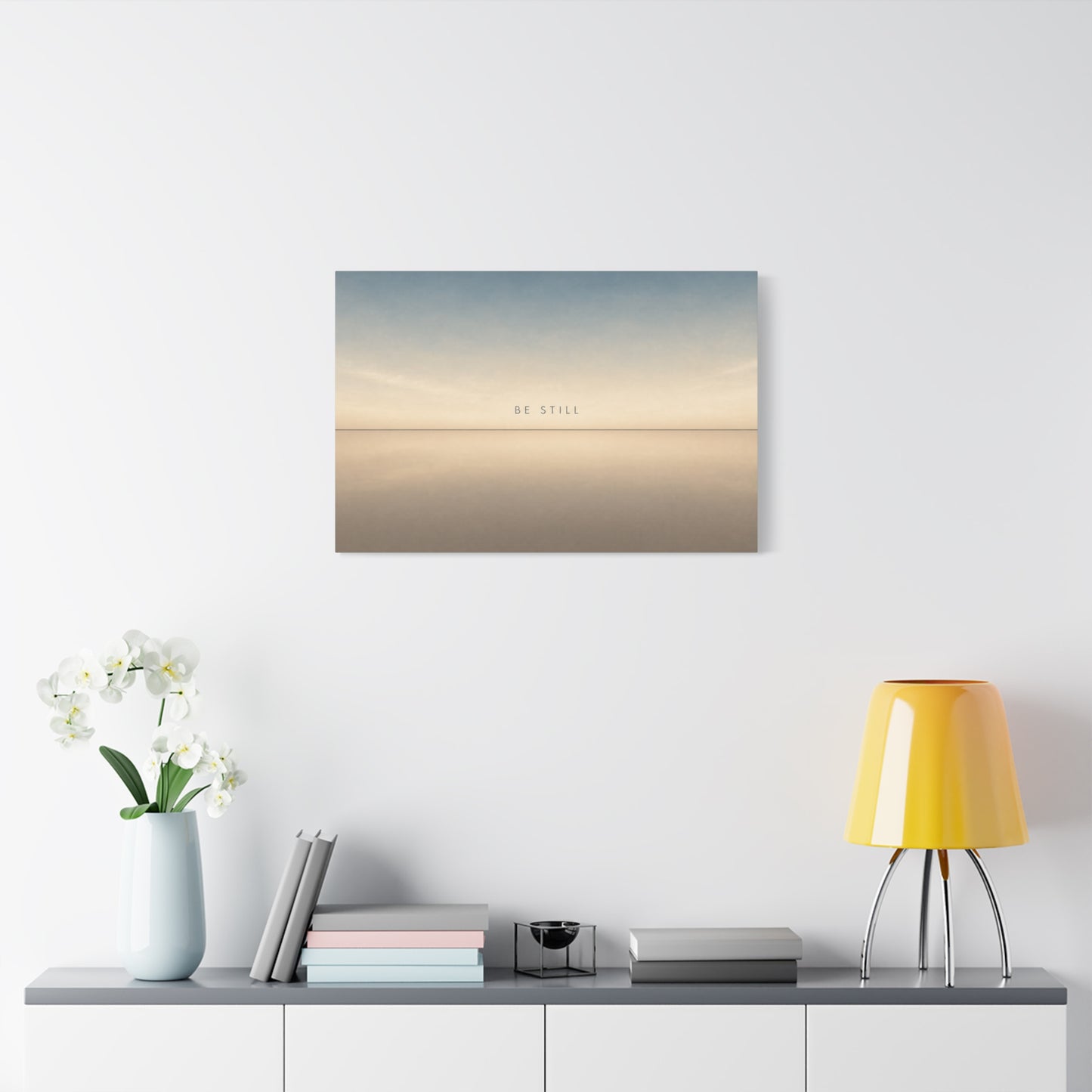 "Be Still" Minimalist Canvas Wall Art - Serene Horizon Typography Print, Neutral Blue Beige Coastal Style - Bedroom Wall Decor, Meditation Space Home Decoration - Ready to Hang - Cozy Reading Nook Art