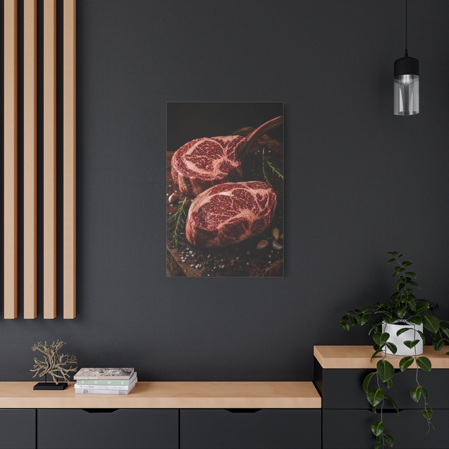 Raw Ribeye Steak Canvas Wall Art - Rustic Food Art Print, Butcherhouse Kitchen Decor, Cotton Art Print, Moody Culinary Still Life - Dining Room Accent, Restaurant Wall Decor - Modern Farmhouse Style