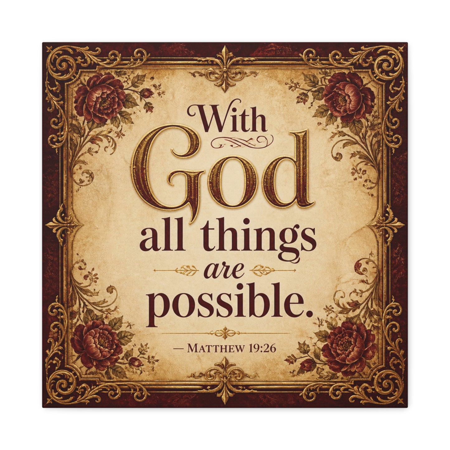 "With God All Things Are Possible. - Matthew 19:26" Christian Canvas Wall Art - Vintage Floral Scripture Print, Traditional Inspirational Decor, Living Room Bedroom Wall Hanging - Ready to Hang