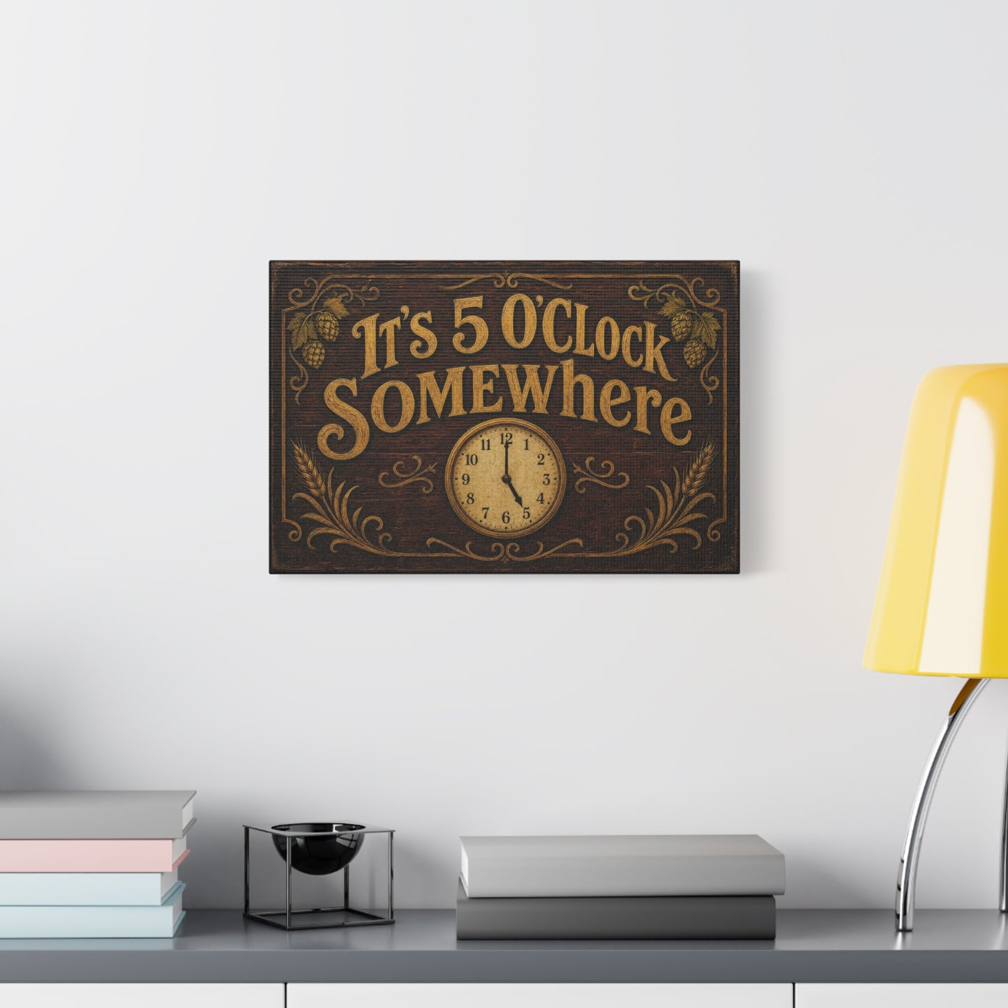 "It's 5 O'Clock Somewhere" Canvas Wall Art - Rustic Bar Sign, Vintage Clock Typography - Farmhouse Pub Decor, Brown Gold - Pub Wall Art - Cocktail Lounge Decor - Speakeasy Style Sign - Ready to Hang