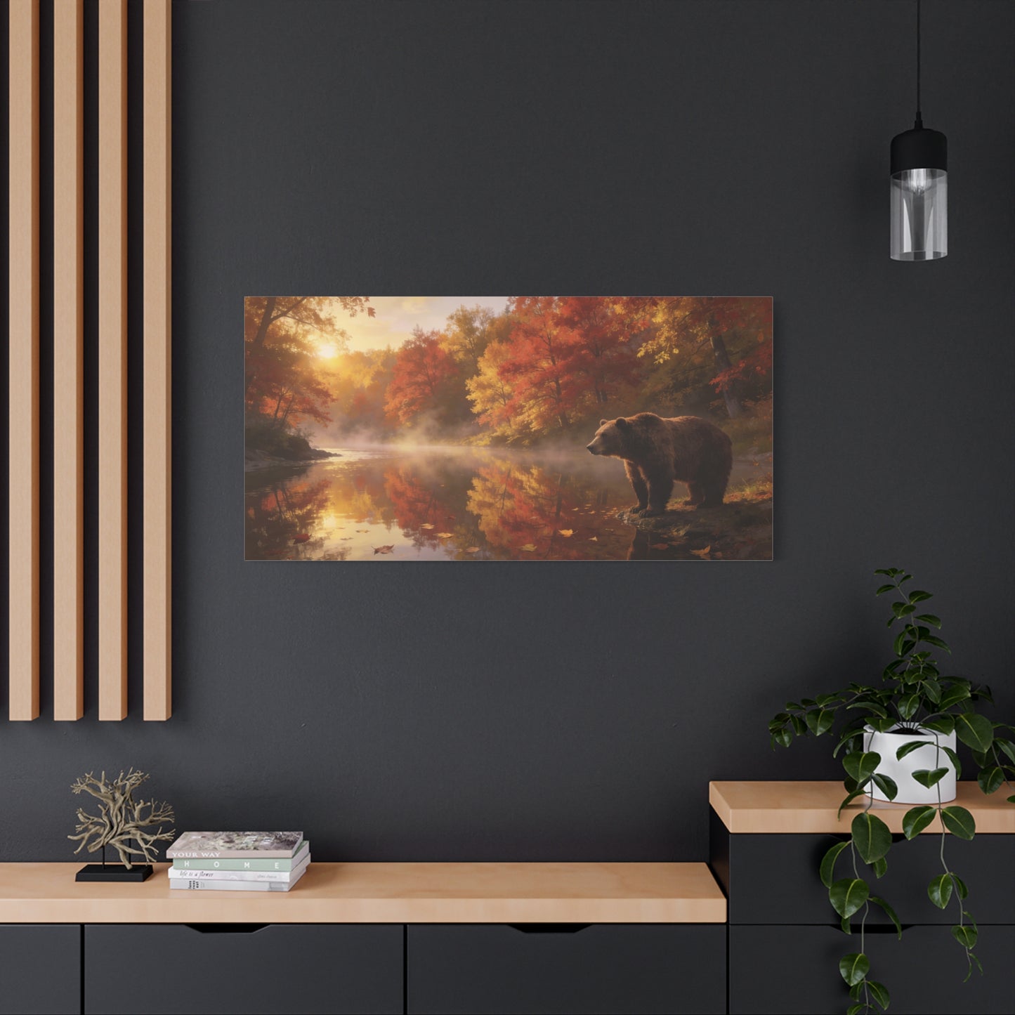 Brown Bear Canvas Wall Art - Autumn Forest River Sunrise Wildlife Print, Golden Mist Reflection, Matte Canvas Print, Rustic Lodge Style, Living Room Wall Decor Office Art - Bedroom Home Decoration