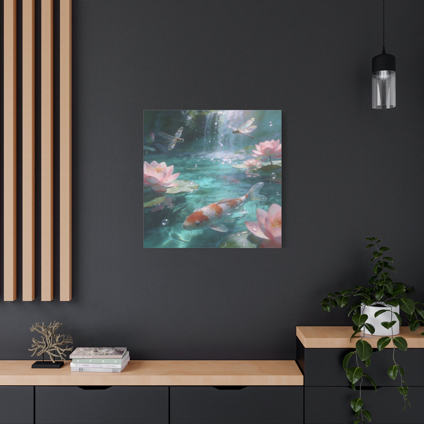 Koi Fish Lotus Canvas Wall Art - Dragonflies Over Teal Pond Water, Pink Water Lily Floral Scene - Dreamy Matte Canvas Print - Bedroom Wall Decor, Living Room Home Accent - Bedroom Home Decoration