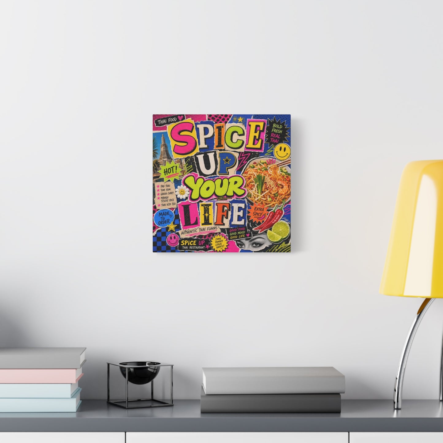 "Spice Up Your Life" Canvas Wall Art - Thai Food Pop Art Collage, Typography Print, Neon Color Street Poster Style, Cafe Decor, Dining Room Accent, Kitchen Wall Hanging, Contemporary - Ready to Hang
