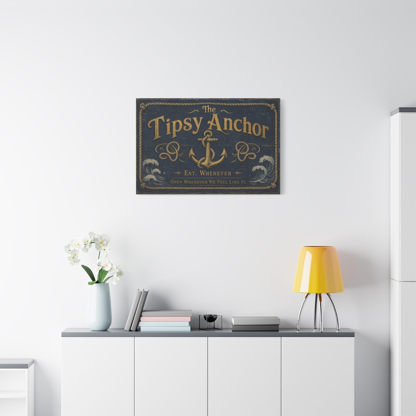"The Tipsy Anchor" Canvas Wall Art - "Est. Whenever Open Whenever We Feel Like It." Nautical Anchor Sign, Vintage Coastal Wall Decor, Rustic Navy Gold Typography For Bar - Ready to Hang