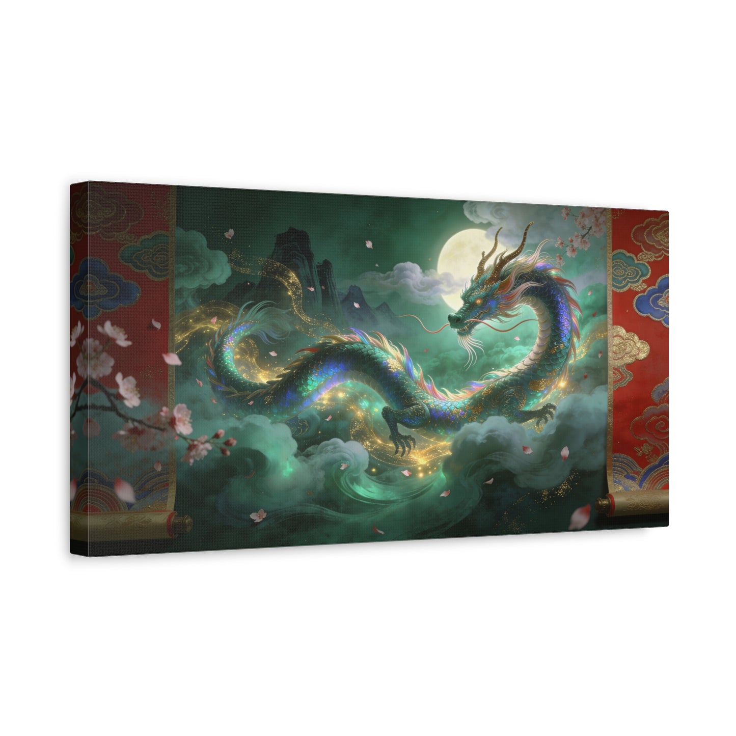 Moonlit Chinese Dragon Canvas Wall Art - Fantasy Cloudscape, Cherry Blossoms, Gold Accents - Luminous Asian Illustration - Living Room Wall Decor, Bedroom Home Decoration - Bedroom Home Decoration