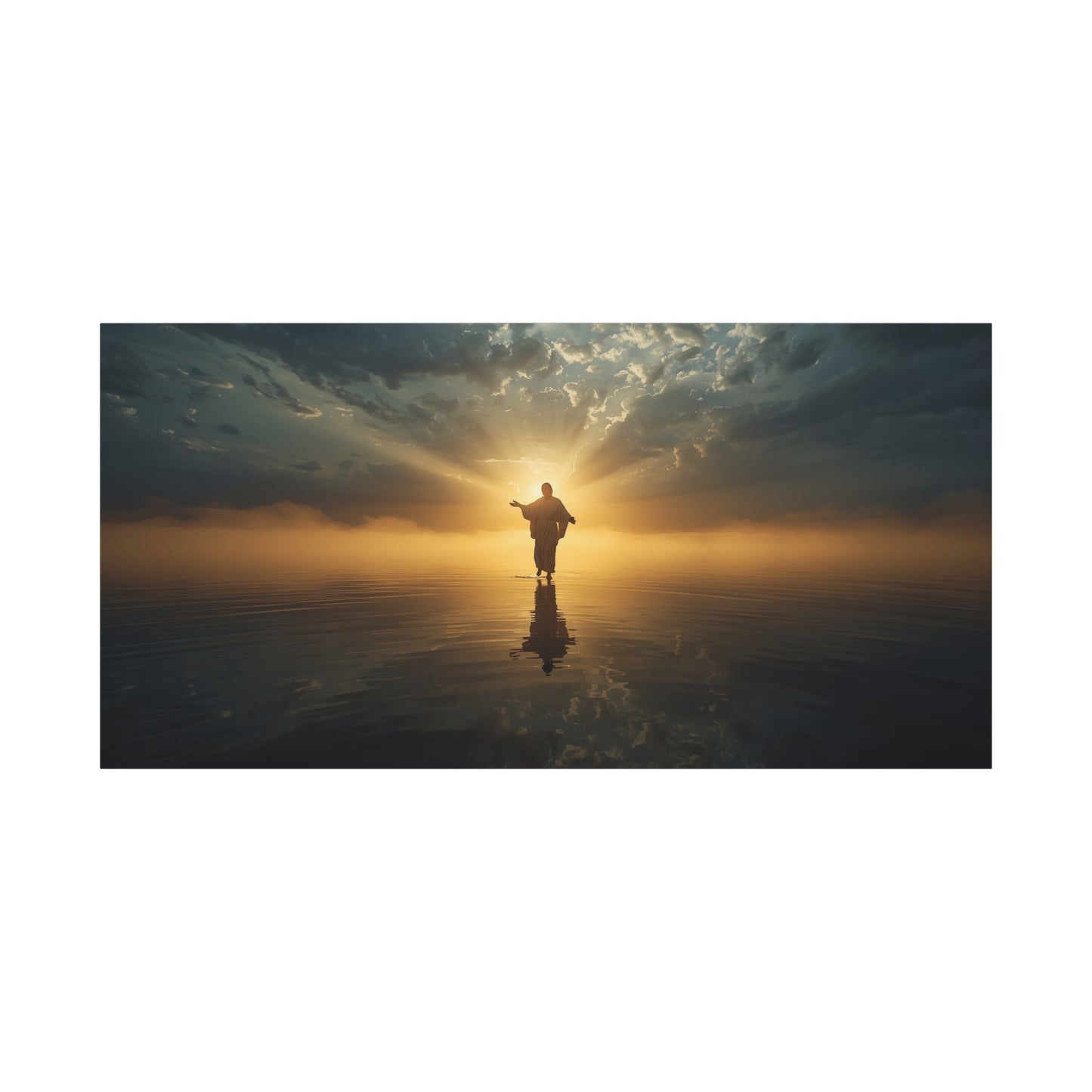 Jesus Christ Canvas Wall Art - Walking On Water At Sunrise, Dramatic Sky Reflection - Matte Cotton Print - Religious Home Decor For Living Room, Bedroom, Office Wall Accent - Bedroom Home Decoration