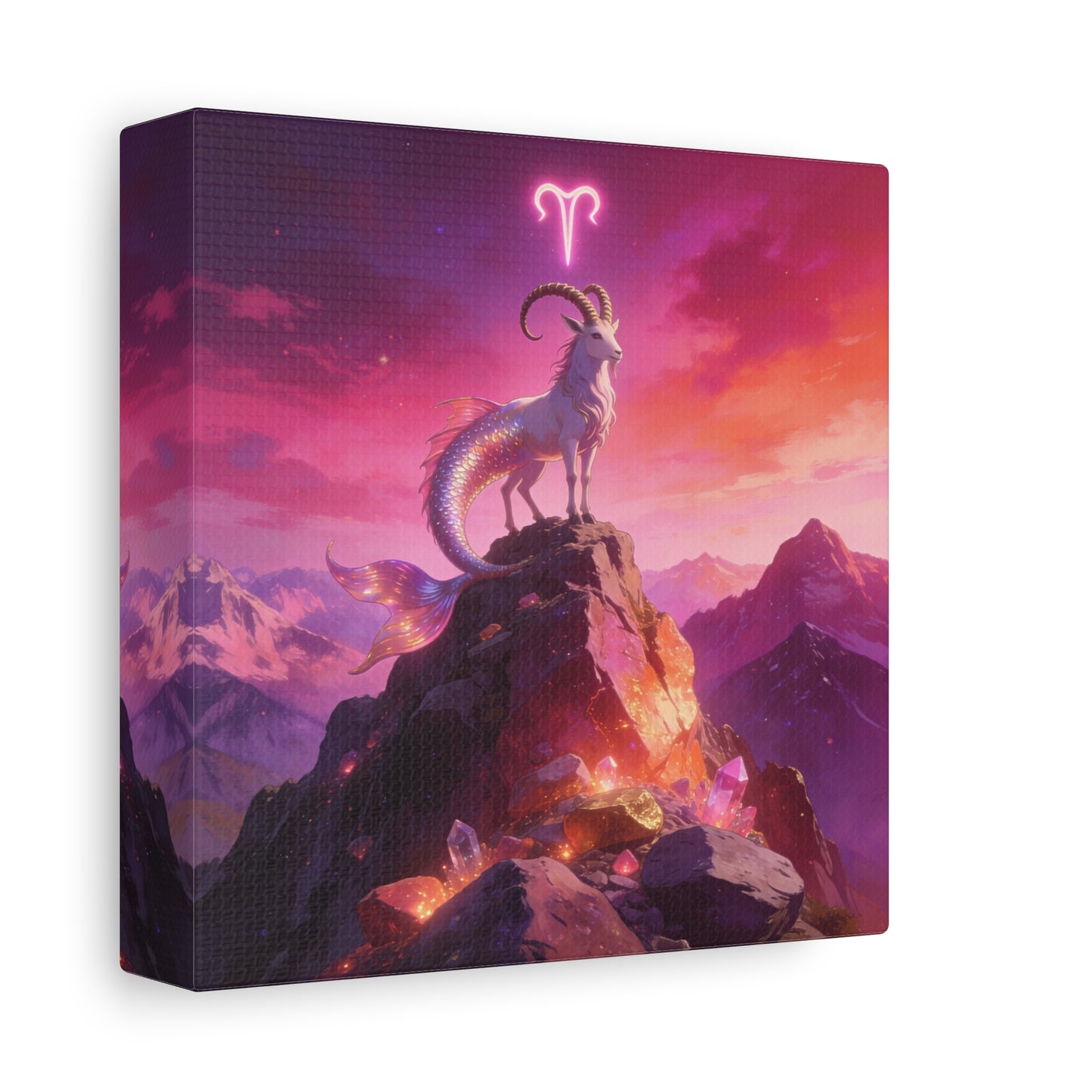 Aries Zodiac Mermaid Goat Canvas Wall Art - Fantasy Mountain Crystal Scene - Pink Purple Celestial Illustration - Modern Mystical Decor, Bedroom Home Decoration, Office Wall Art - Ready to Hang
