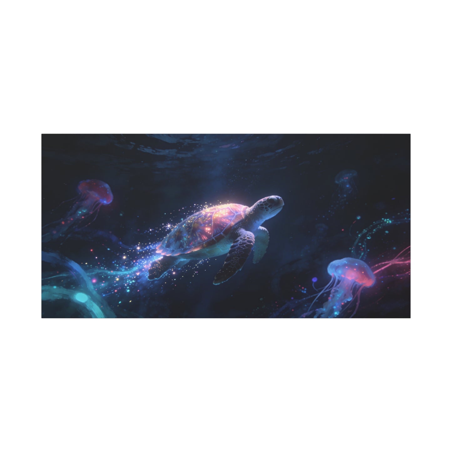 Sea Turtle Canvas Wall Art - Glowing Underwater Jellyfish Ocean Scene, Fantasy Marine Canvas Print - Contemporary Blue Seascape - Living Room Wall Decor, Bedroom Home Accent - Bedroom Home Decoration