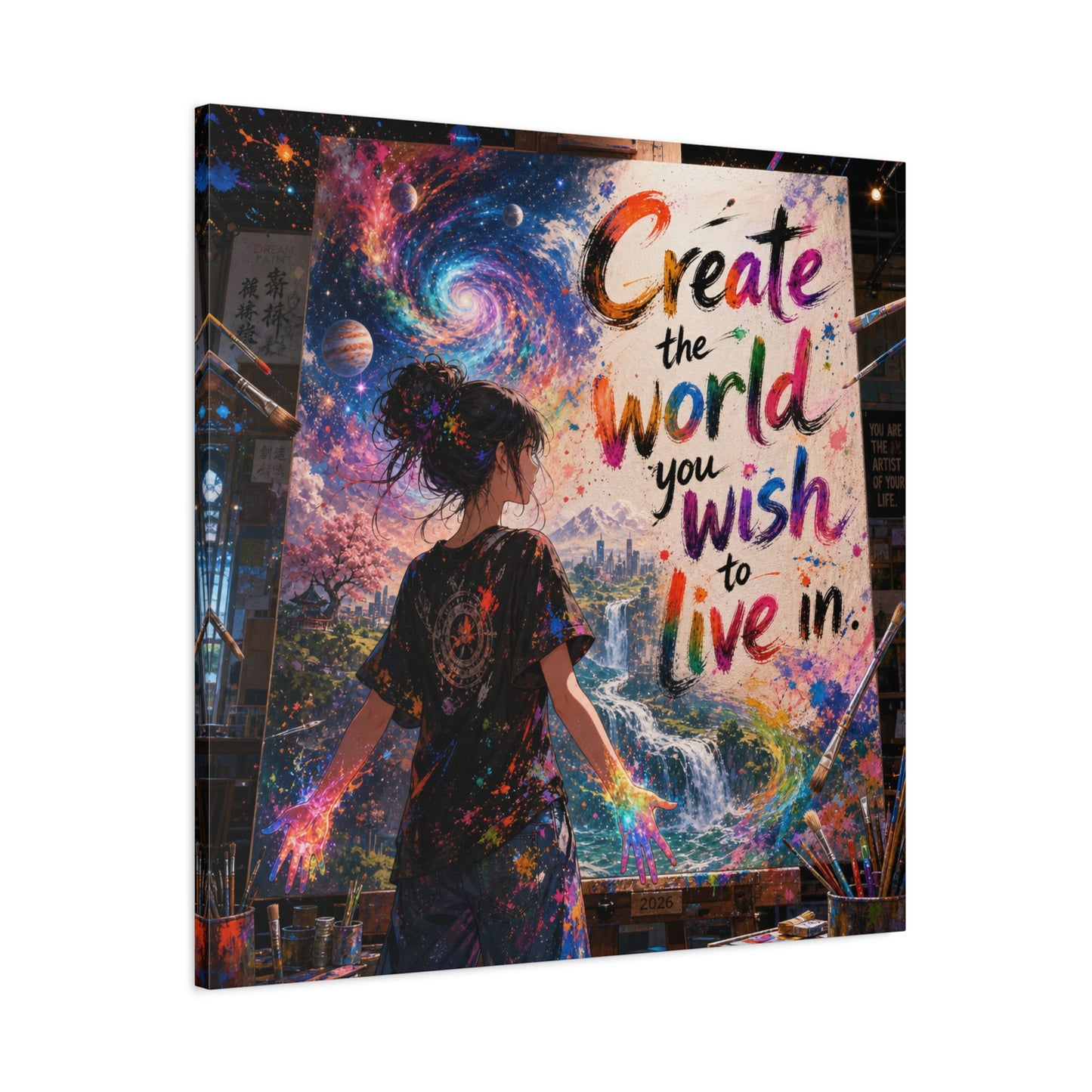 "Create The World You Wish To Live In" Inspirational Canvas Wall Art - Colorful Cosmic Artist Girl Quote Print - Modern Typography Decor - Bedroom Home Decoration, Creative Office Accent