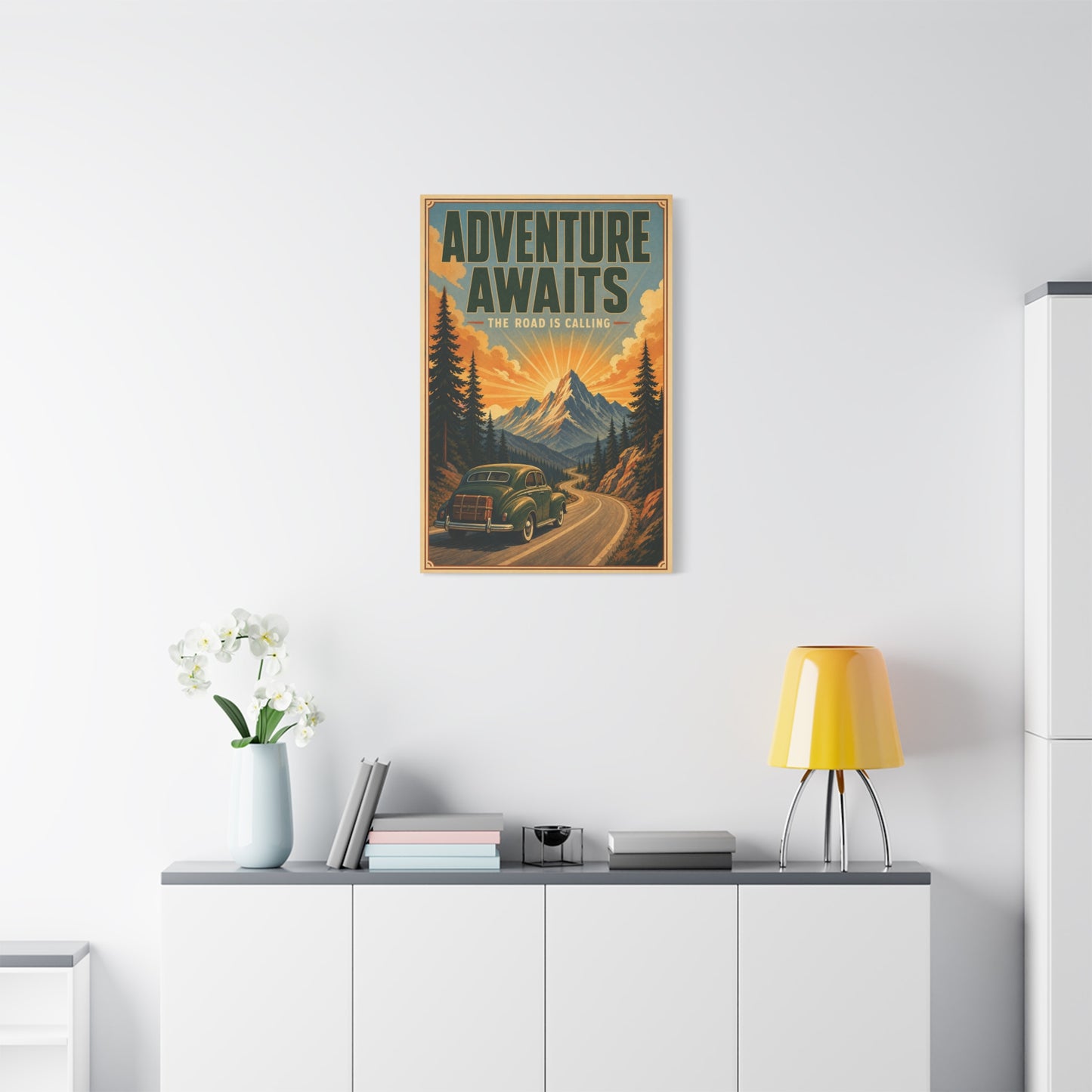 "Adventure Awaits The Road Is Calling" Vintage Travel Canvas Wall Art - Mountain Road Sunrise, Retro Car Poster Print - Adventure Decor, Living Room Wall Decor, Office Art - Bedroom Home Decoration