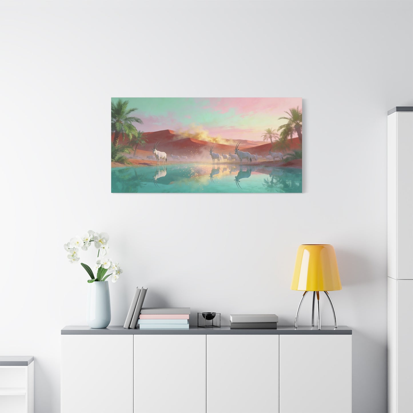 Desert Oasis Oryx Canvas Wall Art - Antelope Lake Reflection, Palm Dunes - Dreamy Surreal Cotton Print - Contemporary Landscape Style - Living Room Wall Decor, Bedroom Accent - Bedroom Home Decoration