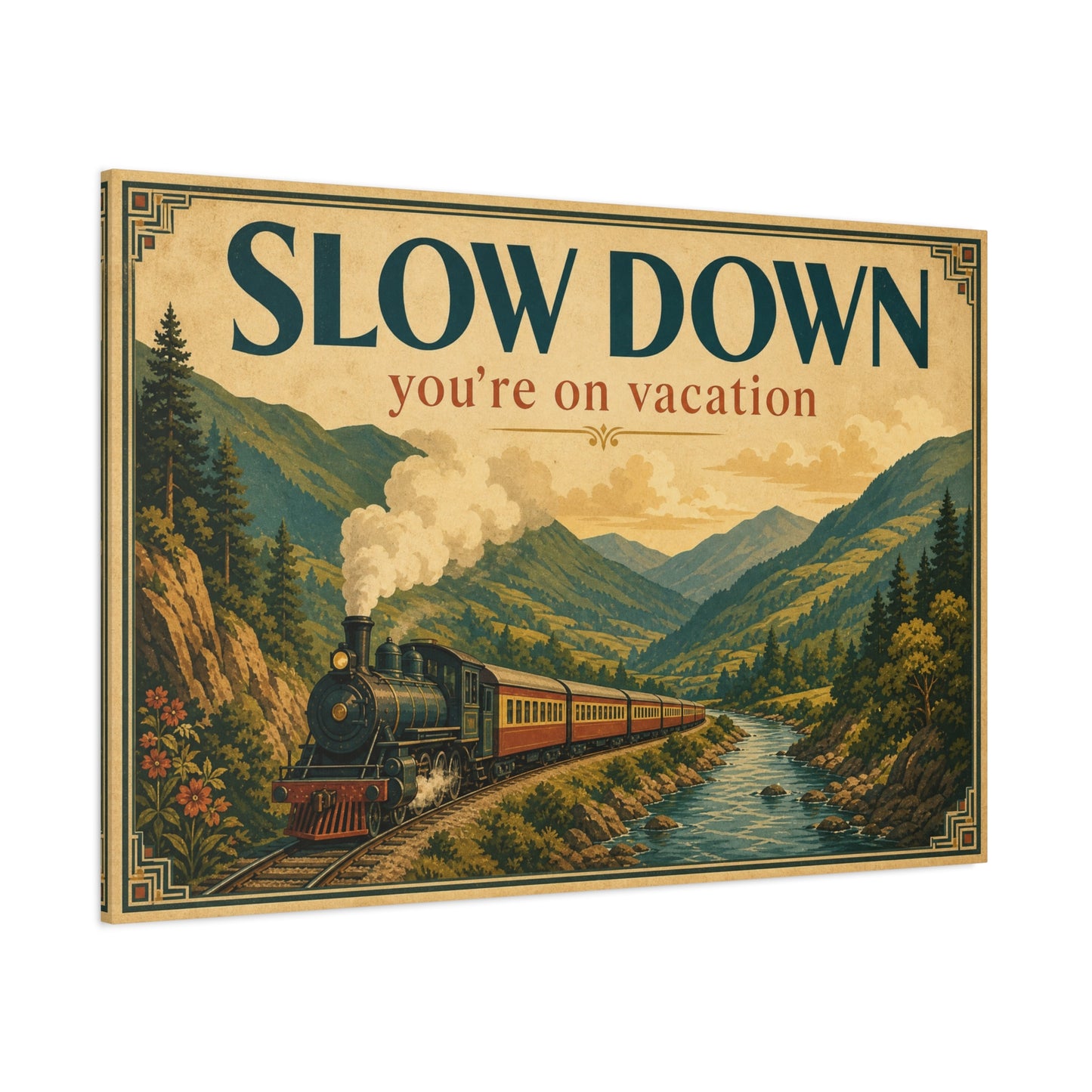 "Slow Down You're On Vacation" Vintage Train Canvas Wall Art - Mountain River Travel Poster Style, Retro Landscape Home Decor - Rustic Cabin Living Room Decoration, Vacation Rental Accent