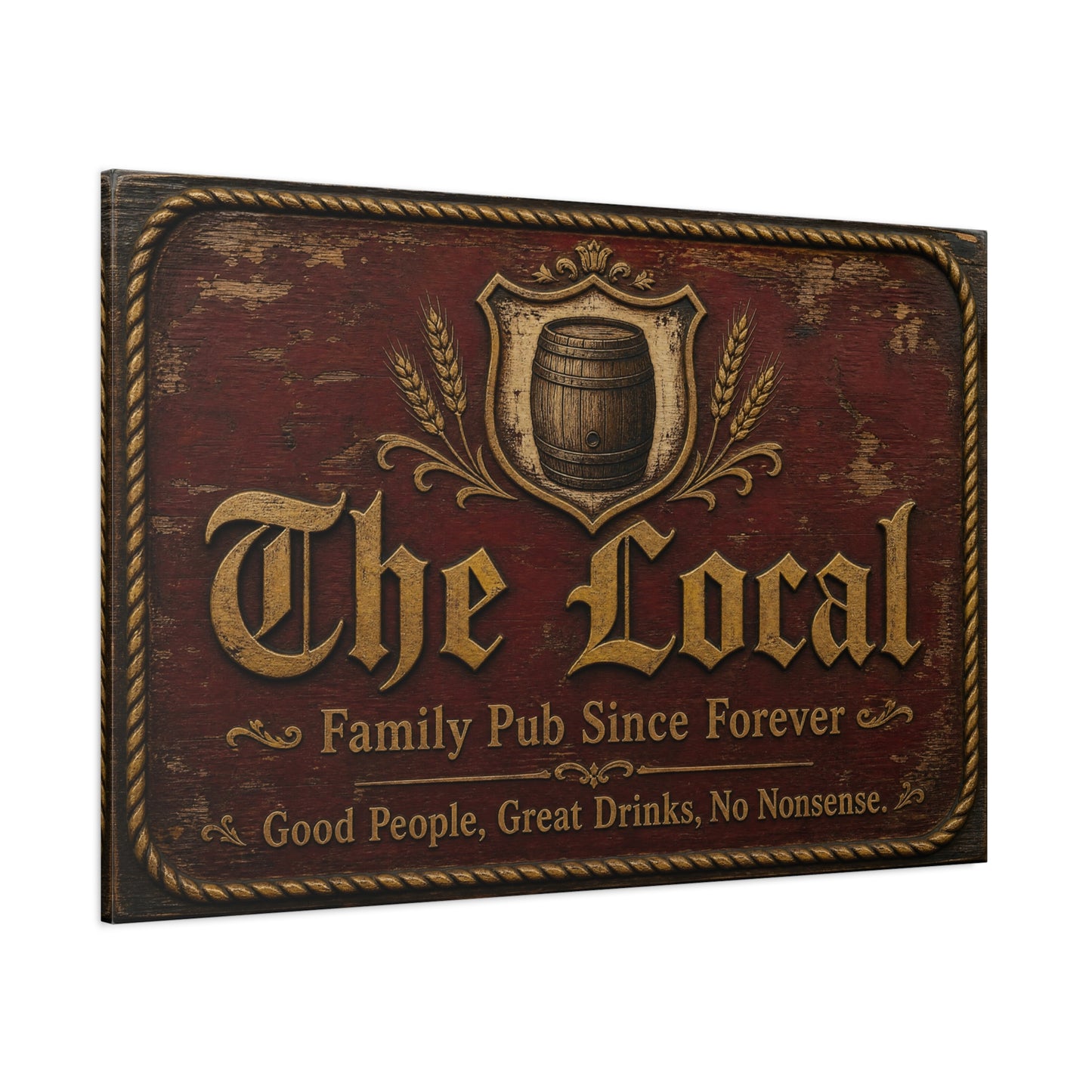 "The Local" Vintage Pub Canvas Wall Art - Rustic Tavern Sign, Barrel Crest Typography - Distressed Wood Look, Traditional Style - Bar Room Decor, Man Cave Accent, Restaurant Wall Hanging
