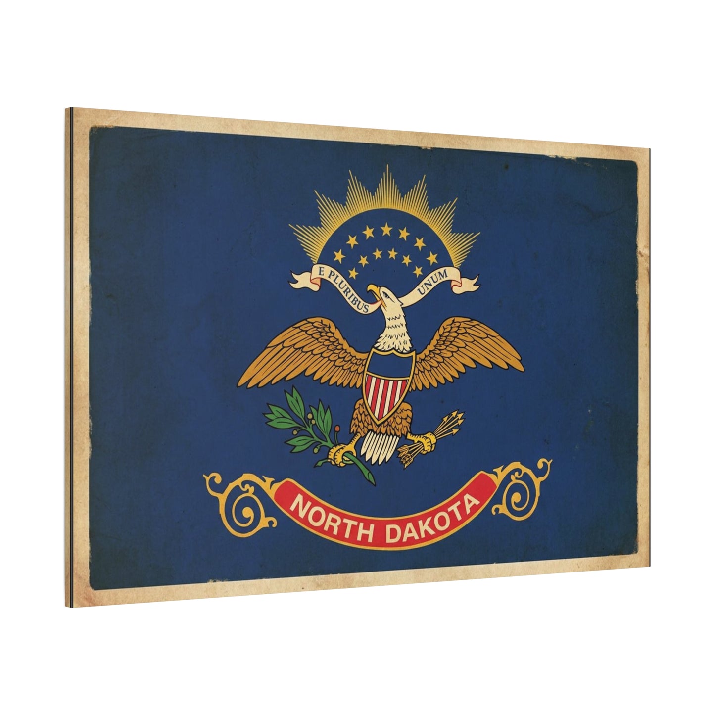 North Dakota Flag Canvas Wall Art - E Pluribus Unum Vintage State Banner Print - Patriotic Blue Eagle Emblem Decor - Rustic Americana Style - Ready to Hang - Living Room Wall Decor - Ready to Hang