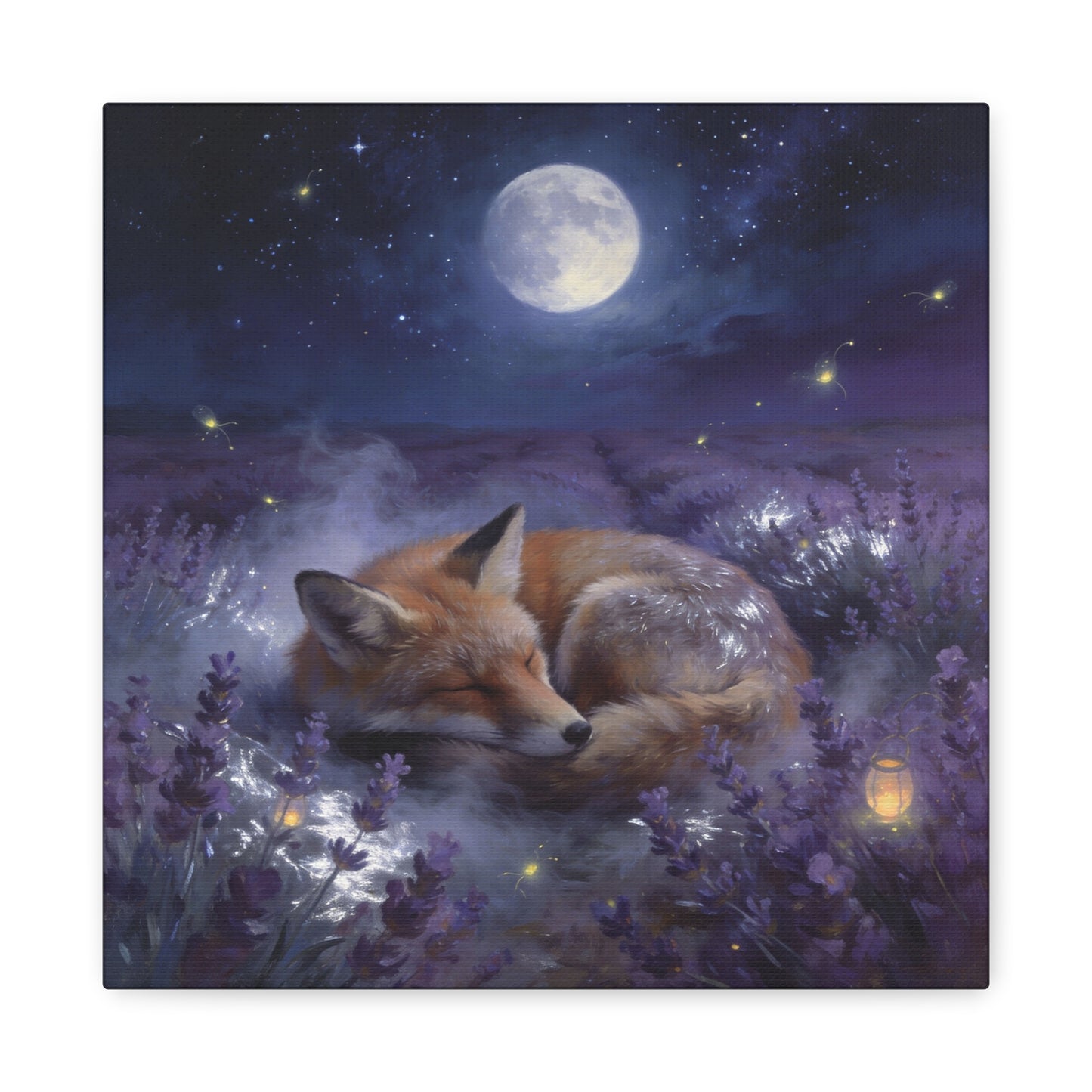 Sleeping Red Fox Canvas Wall Art - Moonlit Lavender Field, Fireflies, Starry Night Sky - Dreamy Woodland Animal Print - Matte Finish Canvas - Bedroom Wall Decor, Nursery Accent - Cozy Reading Nook Art