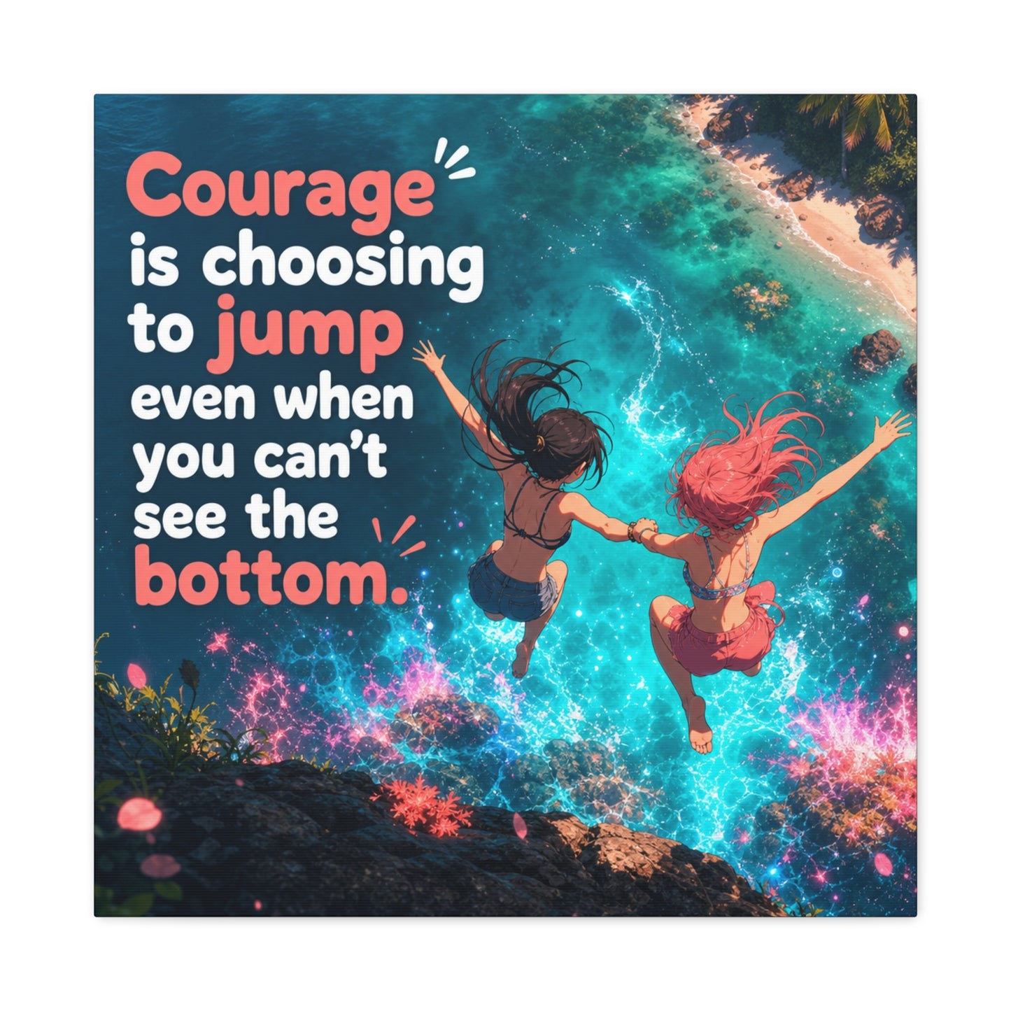 "Courage Is Choosing To Jump Even When You Can't See The Bottom" Canvas Wall Art - Coastal Quote Illustration, Inspirational Ocean Cliff Scene, Bedroom Wall Decor, Teen Space Accent - Ready to Hang