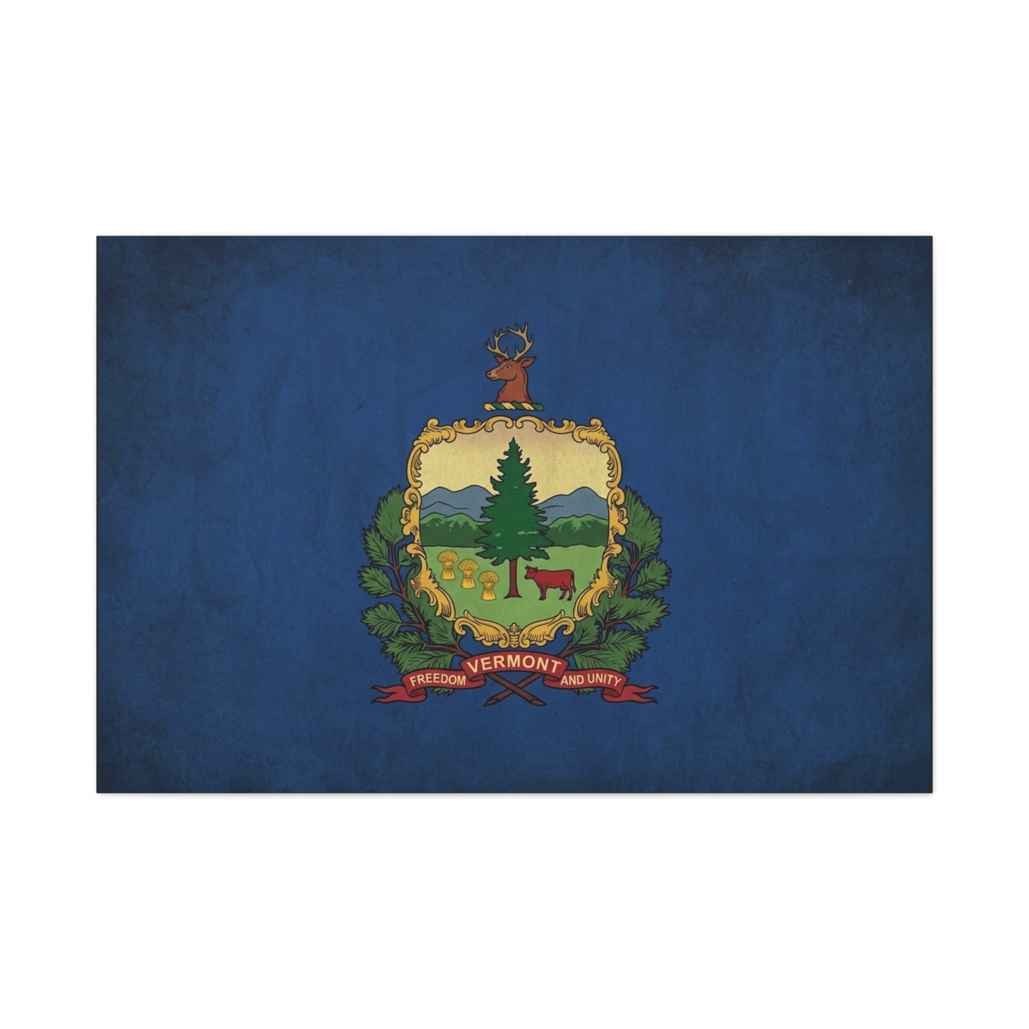 "VERMONT" State Flag Canvas Wall Art - Freedom And Unity Deer Crest Print - Vintage Blue Banner, Rustic Americana Style - Living Room Wall Decor, Office Decoration - Ready to Hang - Ready to Hang