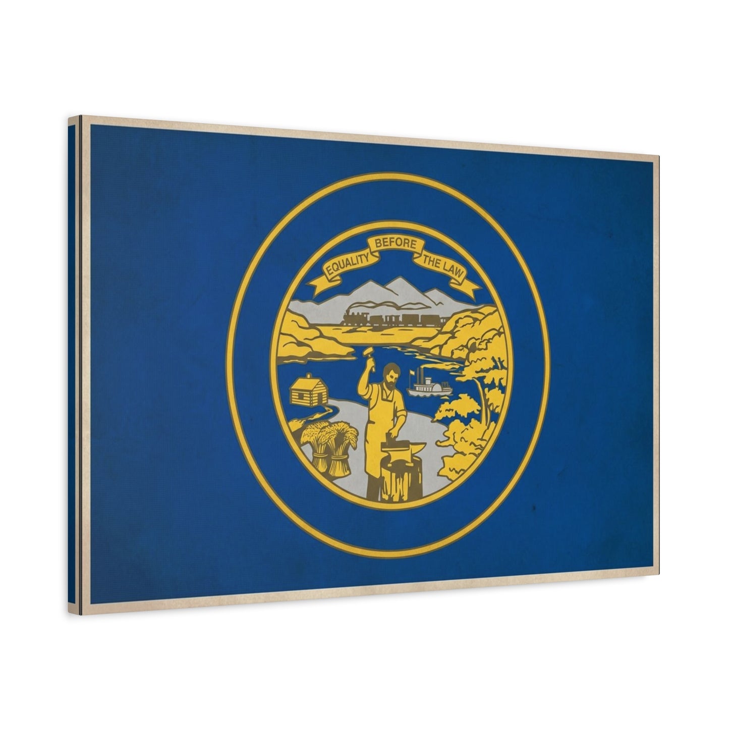 "Equality Before The Law" Kansas State Flag Canvas Wall Art - Blue Gold Sunflower State Seal Print - Vintage Americana Style, Living Room Wall Decor, Office Home Decoration - Bedroom Home Decoration