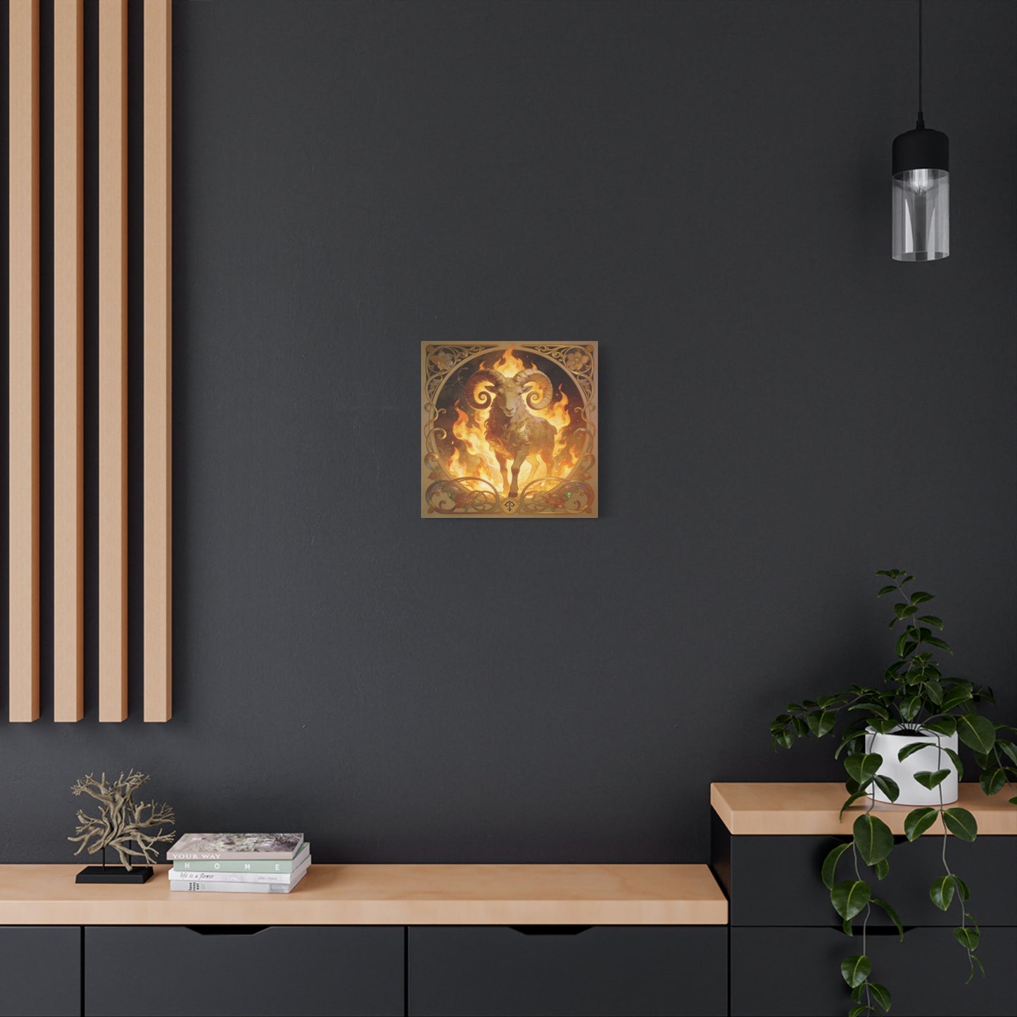 Aries Ram Canvas Wall Art - Fiery Zodiac Illustration, Ornate Gold Nouveau Design - Matte Cotton Art Print - Bohemian Astrology Decor, Bedroom Home Decoration, Office Wall Art - Modern Farmhouse Style