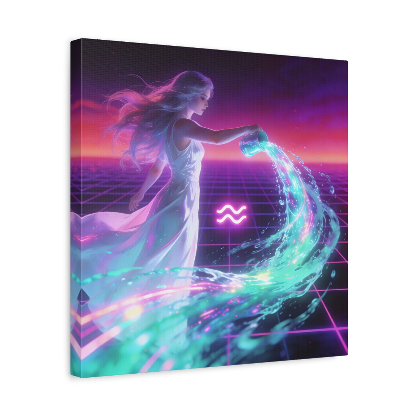 Aquarius Woman Canvas Wall Art - Neon Water Bearer Zodiac Illustration, Retro Synthwave Aesthetic - Matte Canvas Print - Bedroom Wall Decor, Home Office Accent, Mystical Decor - Modern Farmhouse Style