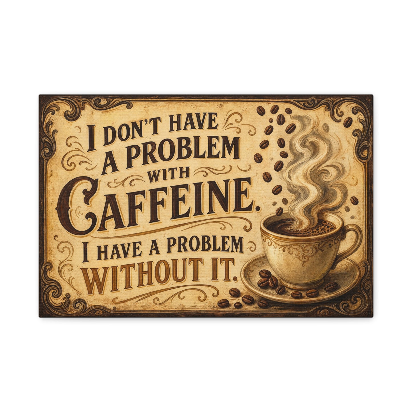 "I Don't Have A Problem With Caffeine. I Have A Problem Without It." Coffee Canvas Wall Art - Vintage Typography Decor, Rustic Cafe Style, Farmhouse Accent - Coffee Shop Decor - Cafe Wall Art