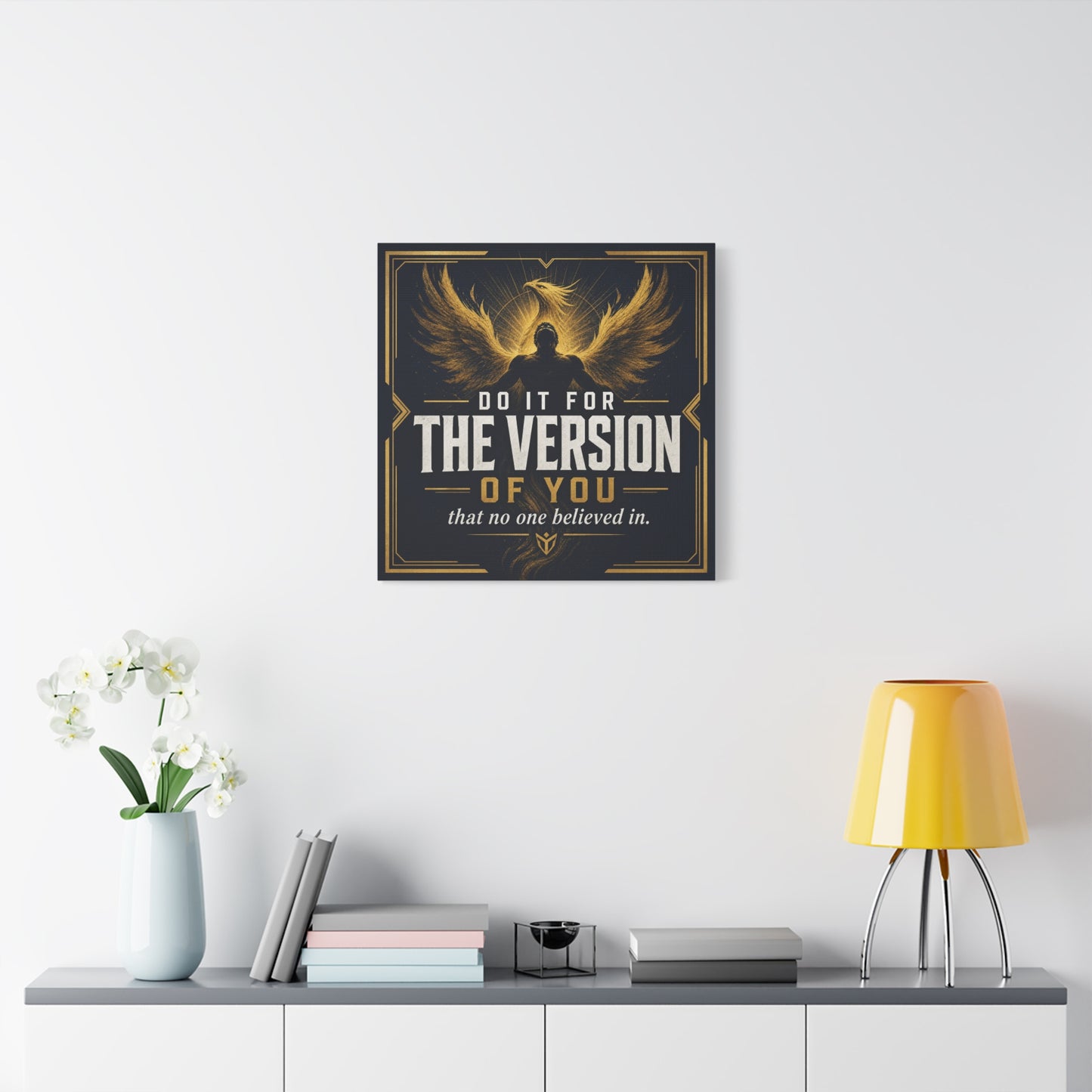 "Do It For The Version Of You That No One Believed In" Inspirational Canvas Wall Art - Phoenix Wings Motivational Quote Print - Black Gold Typography Decor For Office Bedroom - Living Room Wall Decor