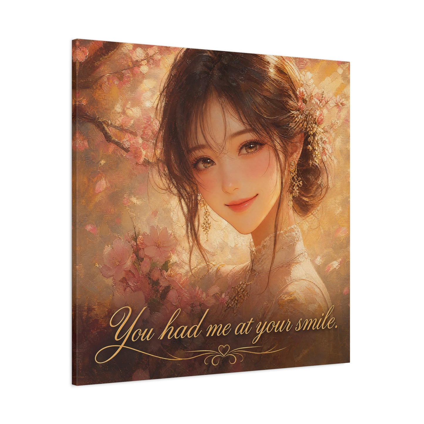 You Had Me At Your Smile Portrait Canvas Wall Art - Romantic Floral Woman Quote Print - Golden Blush Illustration - Traditional Style Living Room Decor - Ready to Hang - Living Room Wall Decor