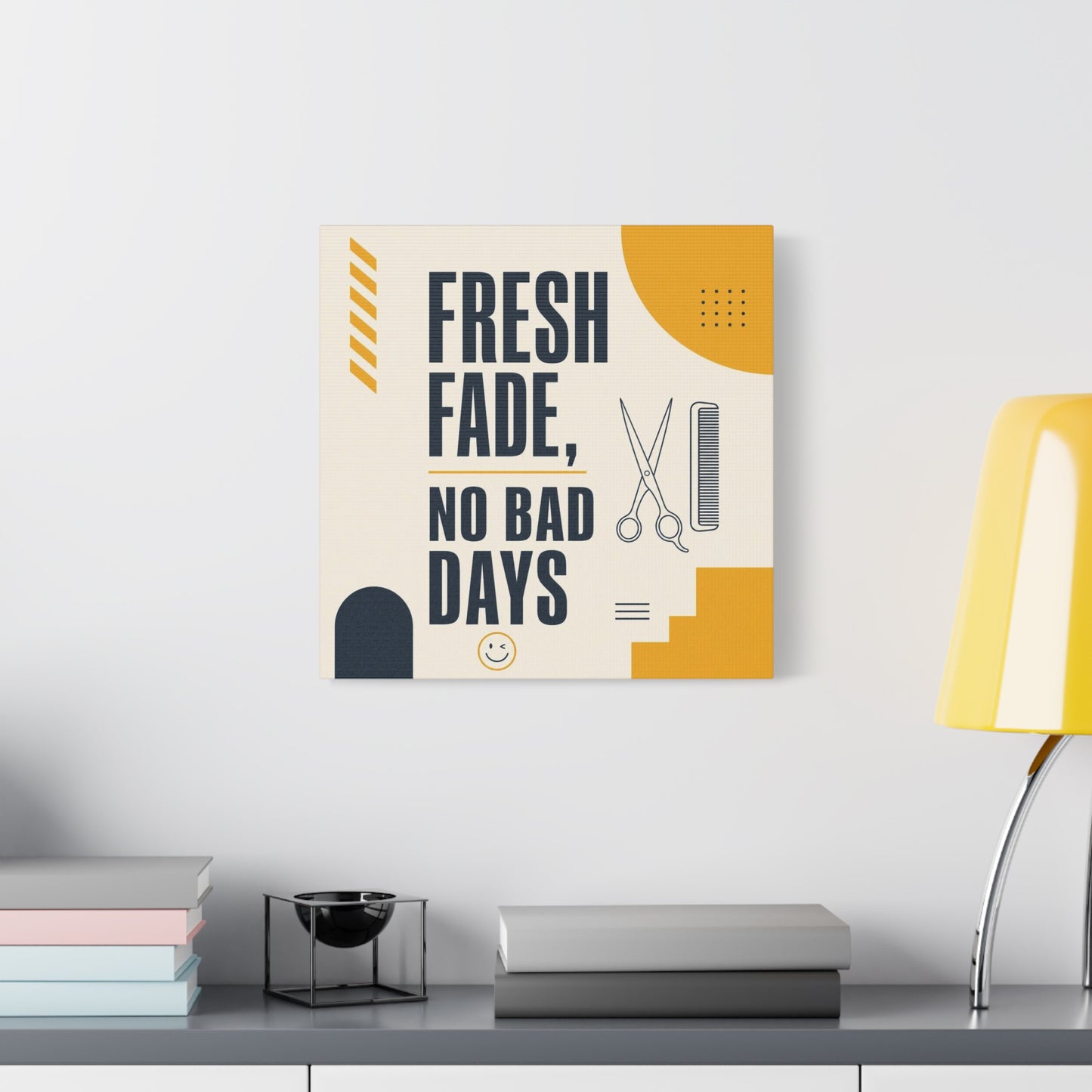 "Fresh Fade, No Bad Days" Barber Shop Canvas Wall Art - Scissors And Comb Typography Print - Modern Yellow Black Salon Decor - Workspace Wall Decor, Lobby Wall Art Accent - Gallery Wrapped Canvas