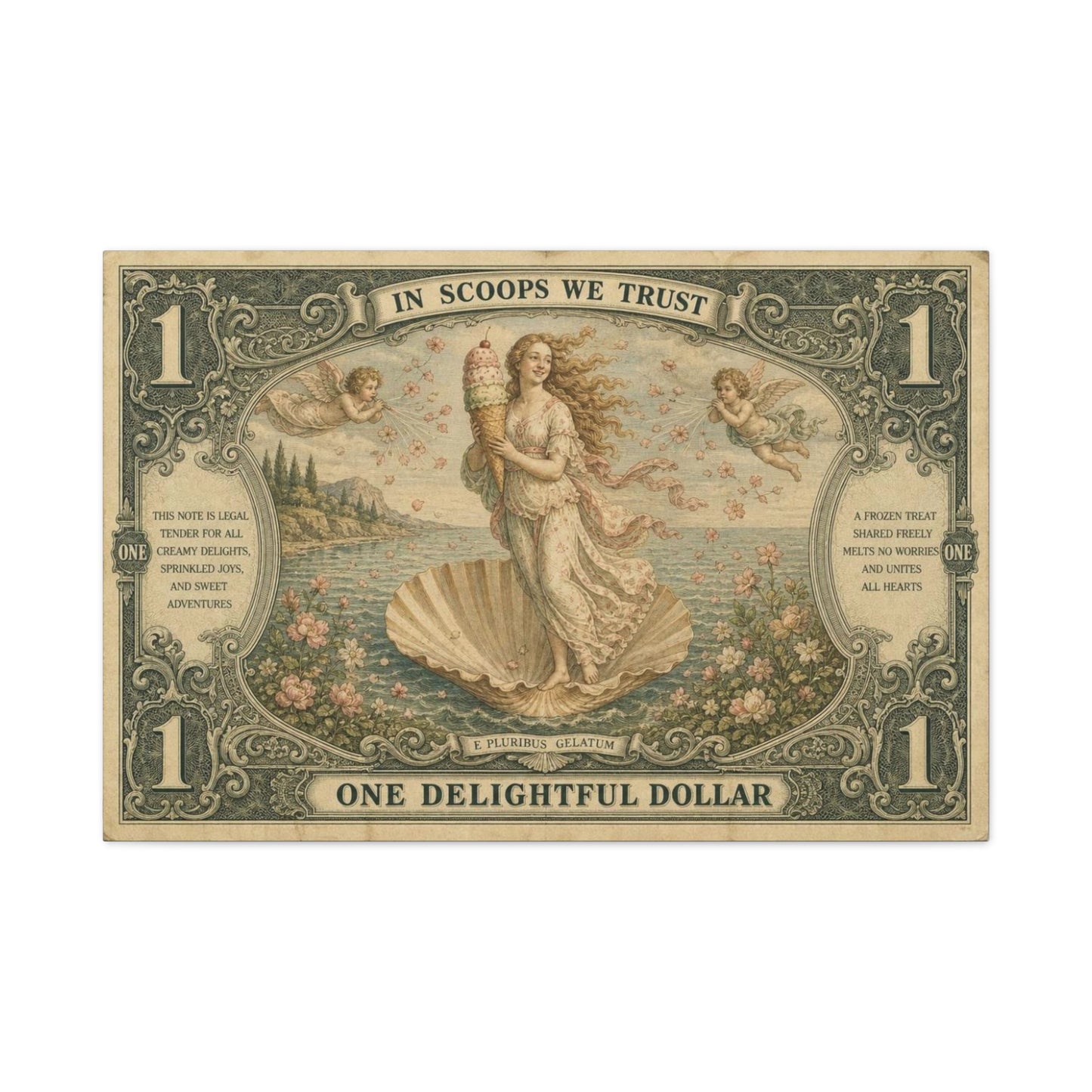 "In Scoops We Trust" Ice Cream Venus Canvas Wall Art - Vintage Parody Currency Print, Mythological Seaside Illustration, Whimsical Retro Decor, Living Room Bedroom Office Accent - Office Wall Art