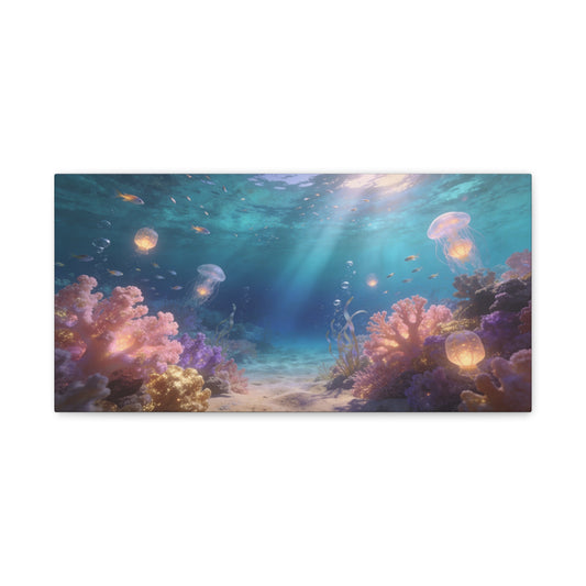 Underwater Jellyfish Canvas Wall Art - Glowing Coral Reef Ocean Scene, Dreamy Seascape Canvas Print - Contemporary Coastal Style - Living Room Wall Decor, Bedroom Home Decoration - Ready to Hang