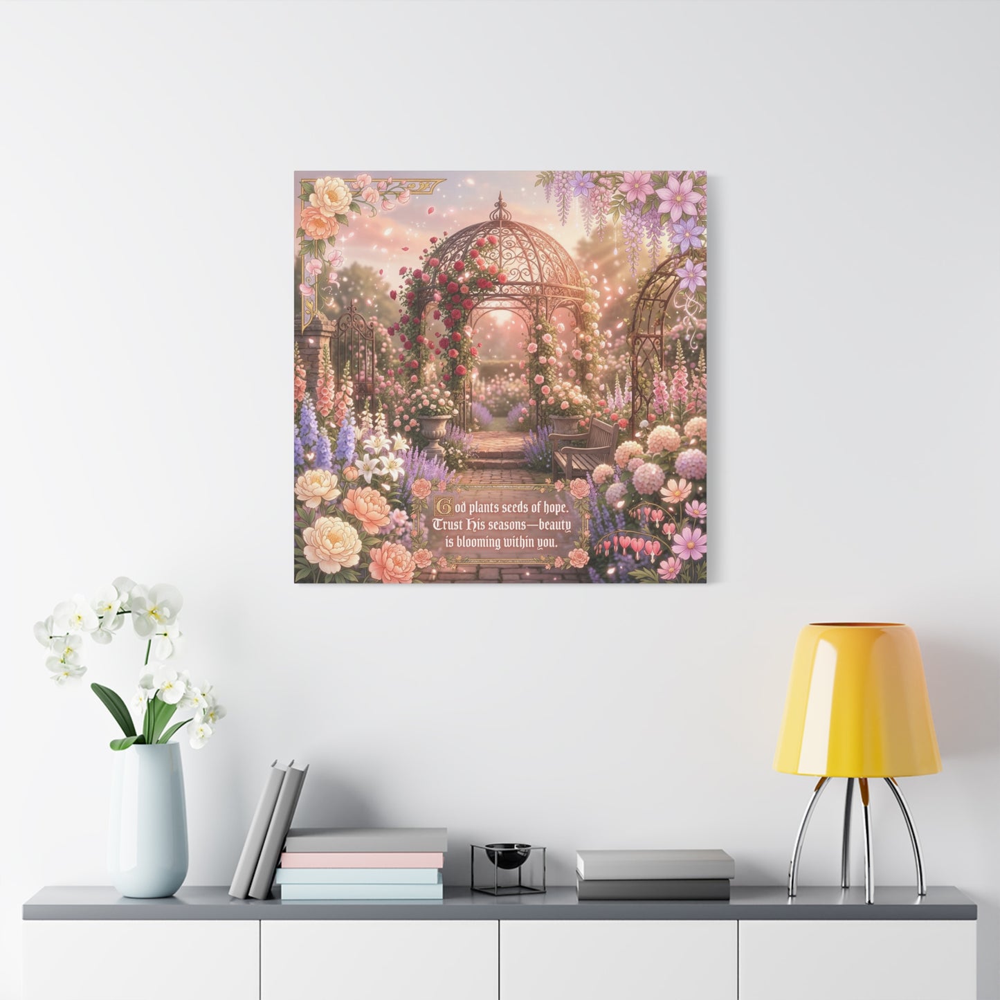 "God Plants Seeds Of Hope" Floral Garden Canvas Wall Art - Romantic Rose Gazebo Scripture Quote Print - Matte Botanical Cottagecore Decor - Bedroom Living Room Home Decoration - Living Room Wall Decor