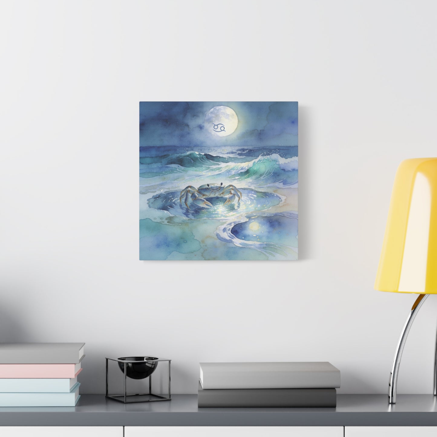 Cancer Zodiac Canvas Wall Art - Moonlit Ocean Crab Watercolor Print, Coastal Astrology Decor - Serene Blue Seascape - Bedroom Wall Decor, Meditation Space Accent, Bohemian Style - Ready to Hang