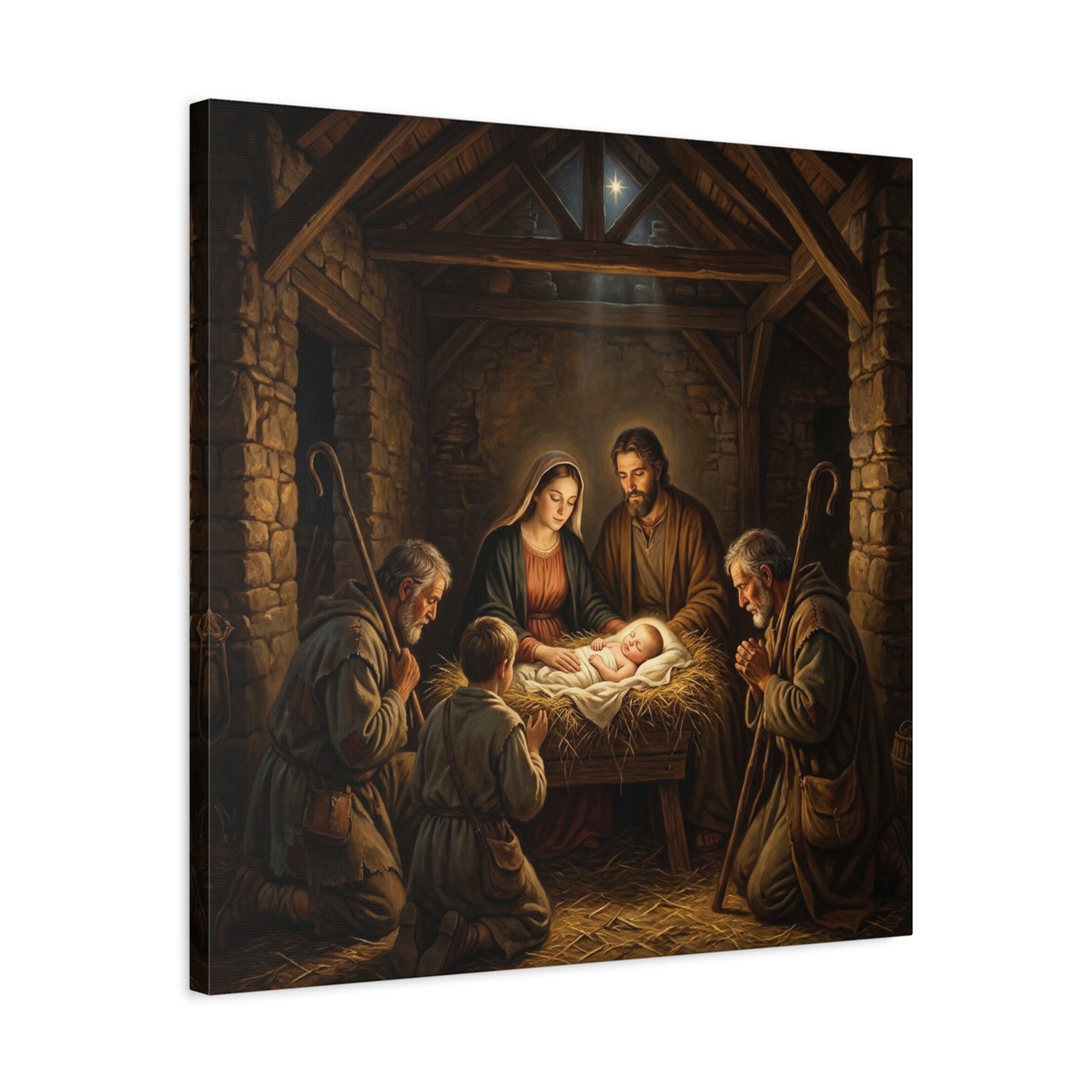 Nativity Scene Canvas Wall Art - Baby Jesus, Virgin Mary, Saint Joseph In Bethlehem Stable - Matte Cotton Print For Living Room Bedroom - Living Room Wall Decor - Bedroom Home Decoration