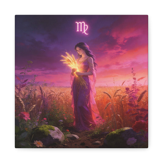 Virgo Zodiac Canvas Wall Art - Maiden Holding Glowing Wheat, Purple Twilight Field - Fantasy Illustration, Matte Canvas Print - Bedroom Wall Decor, Meditation Space Accent - Bedroom Home Decoration