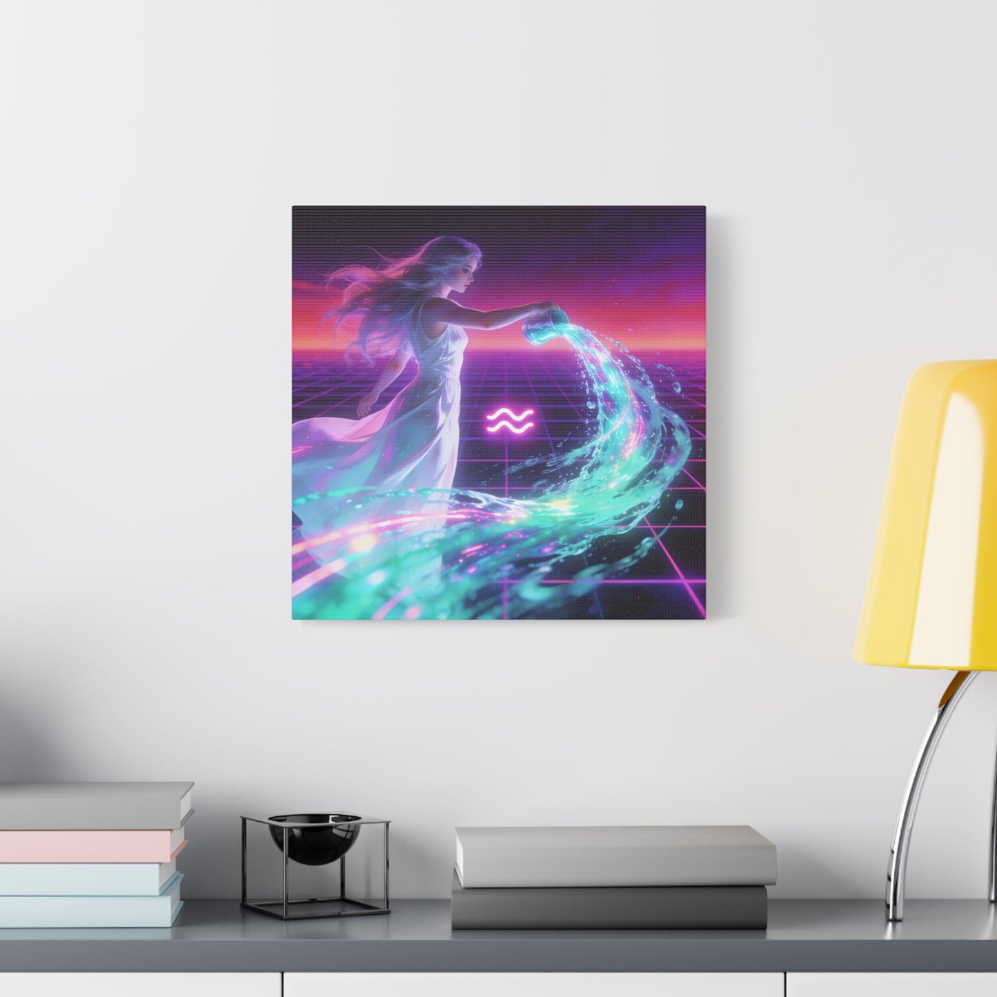 Aquarius Woman Canvas Wall Art - Neon Water Bearer Zodiac Illustration, Retro Synthwave Aesthetic - Matte Canvas Print - Bedroom Wall Decor, Home Office Accent, Mystical Decor - Modern Farmhouse Style