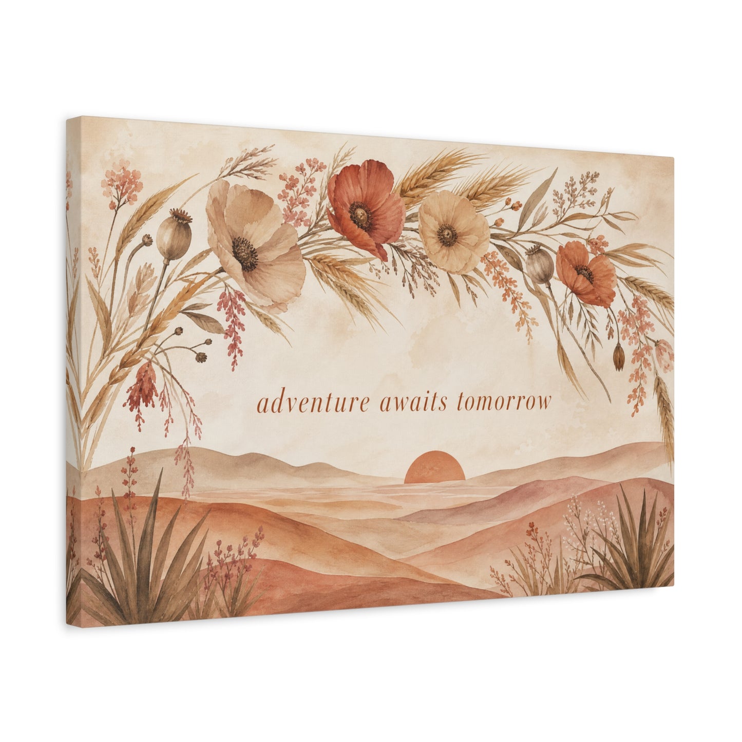 "Adventure Awaits Tomorrow" Poppy Flower Canvas Wall Art - Boho Botanical Desert Sunset Quote Print - Warm Neutral Watercolor Landscape - Bedroom Wall Decor, Living Room Home Accent - Ready to Hang
