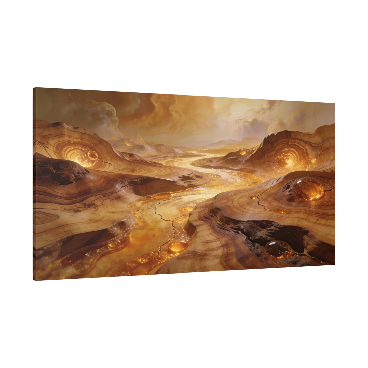 Golden Abstract Landscape Canvas Wall Art - Glowing River, Swirling Stone Forms - Contemporary Matte Canvas Print - Living Room Wall Decor, Bedroom Home Decoration, Office Art - Modern Farmhouse Style