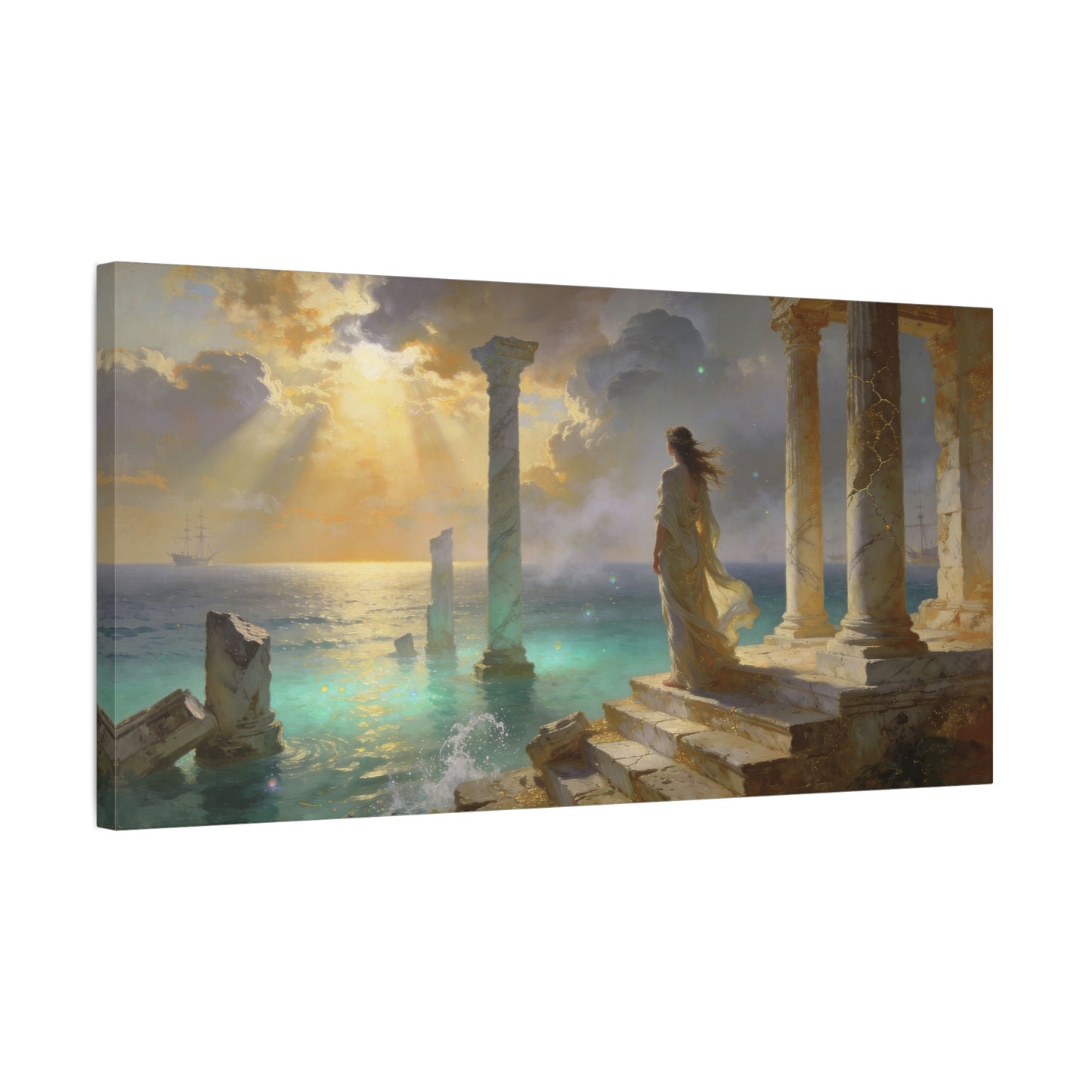 Seaside Ruins Canvas Wall Art - Woman In Flowing Gown, Sunbeams Over Ancient Columns - Luminous Coastal Painting - Living Room Wall Decor, Bedroom Home Decoration, Office Art - Bedroom Home Decoration