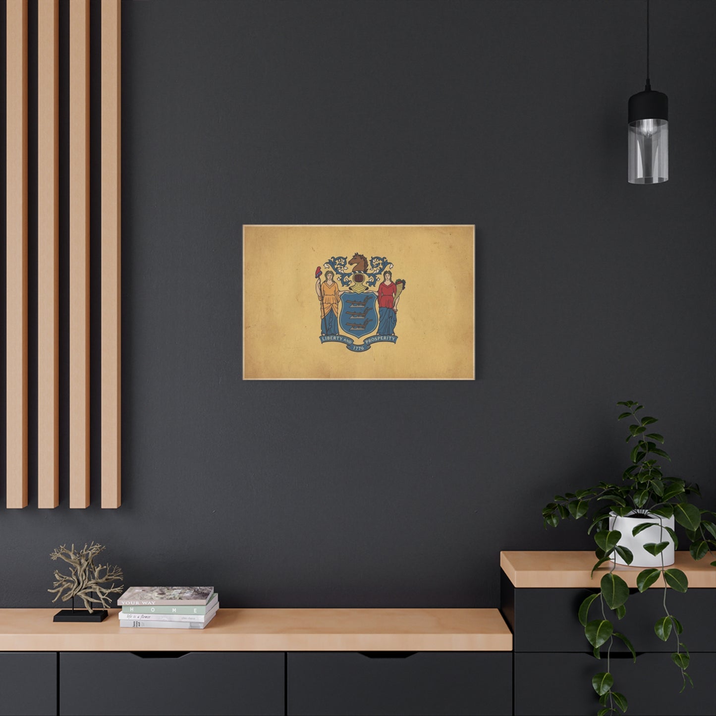 "Liberty And Prosperity 1776" New Jersey State Flag Canvas Wall Art - Vintage Tan Crest Banner Print, Patriotic Heritage Decor - Office Wall Art